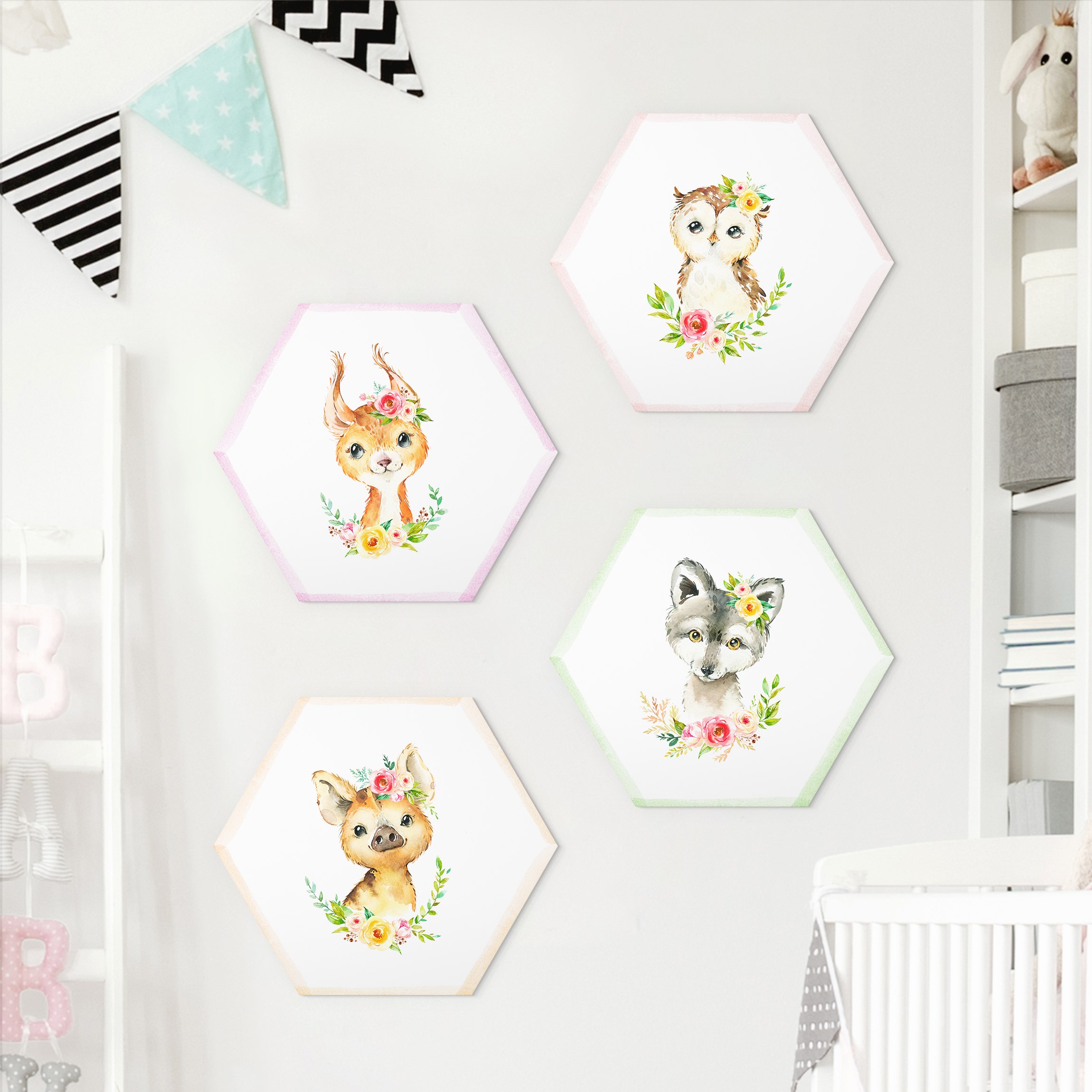 4-teiliges Hexagon-Forexbild Aquarell Waldtiere mit Blumen Set IV