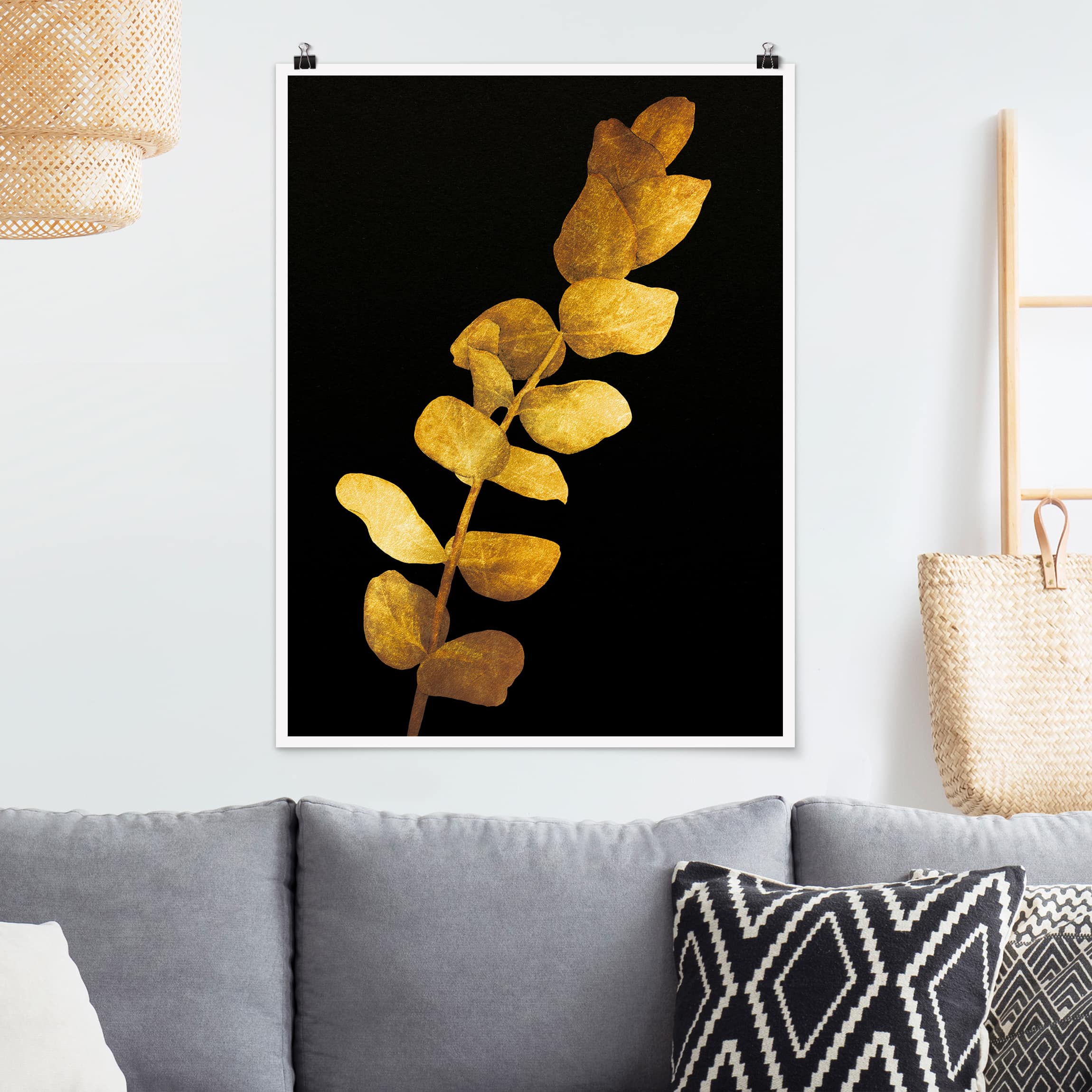 Poster Gold - Eukalyptus auf Schwarz