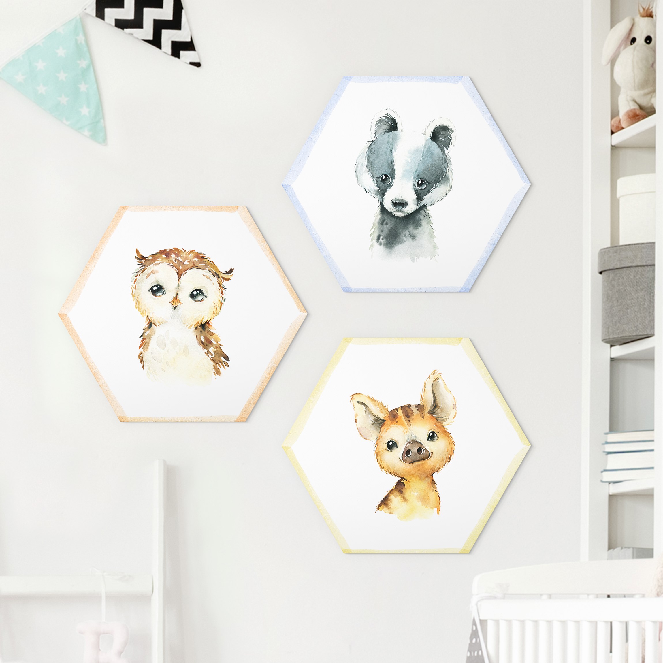 3-teiliges Hexagon-Alu-Dibond Bild Aquarell Waldtiere Set II