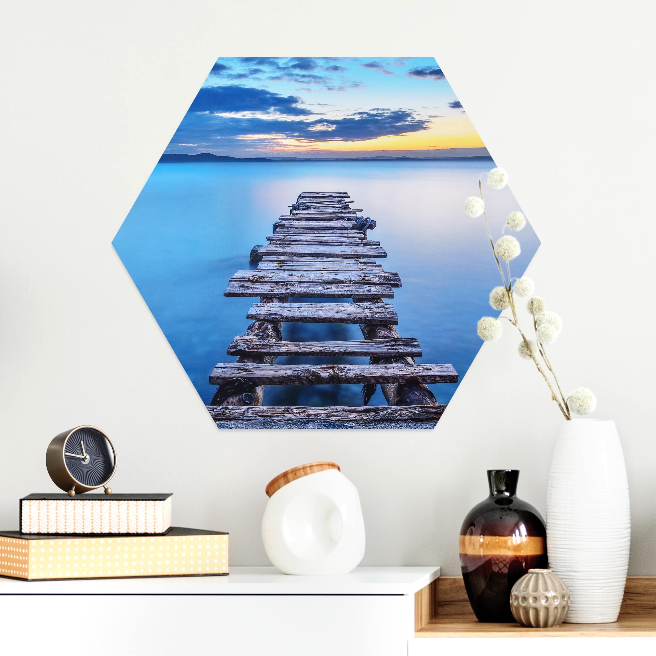 Hexagon-Alu-Dibond Bild Steg ins ruhige Meer