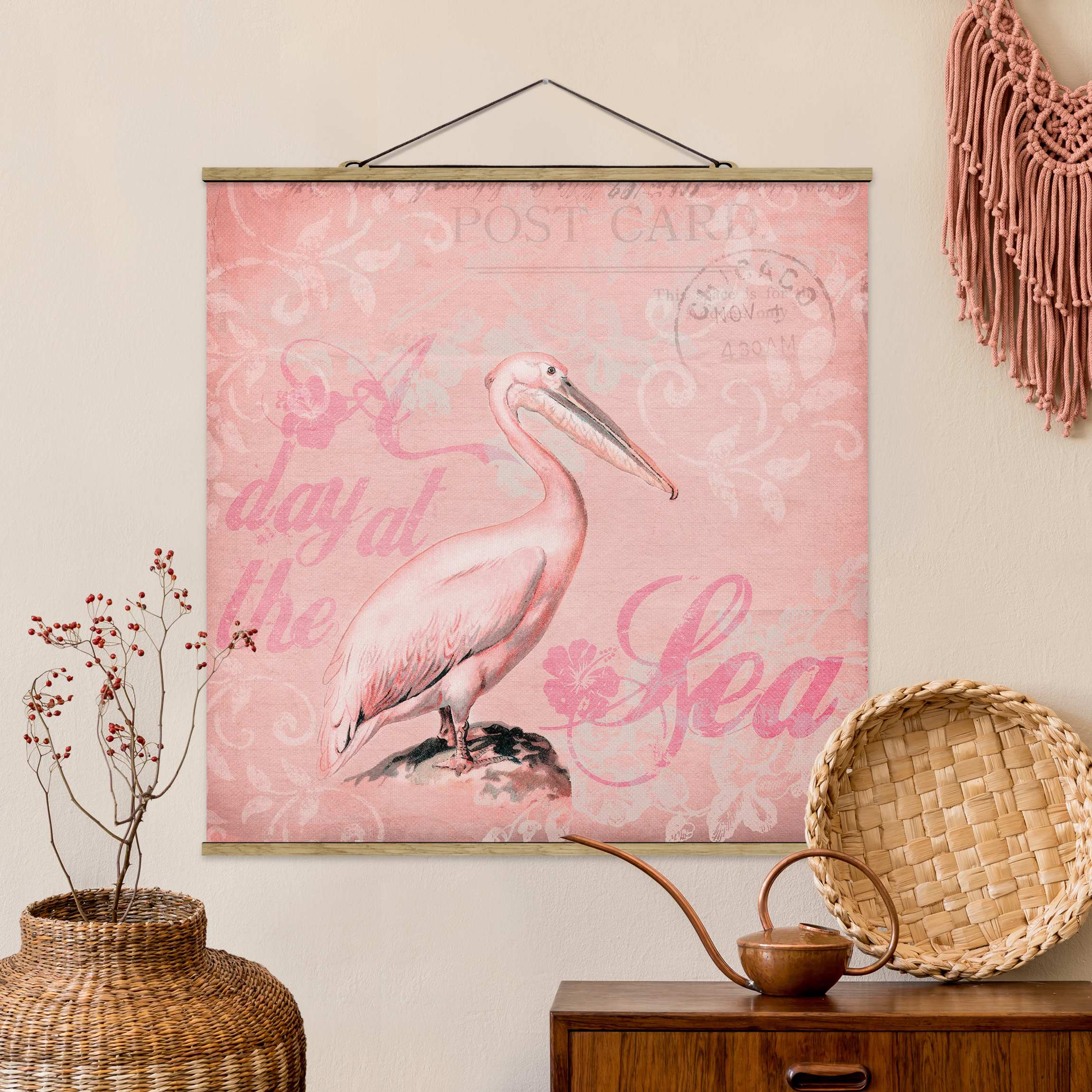 Stoffbild mit Posterleisten Shabby Chic Collage - Pelikan