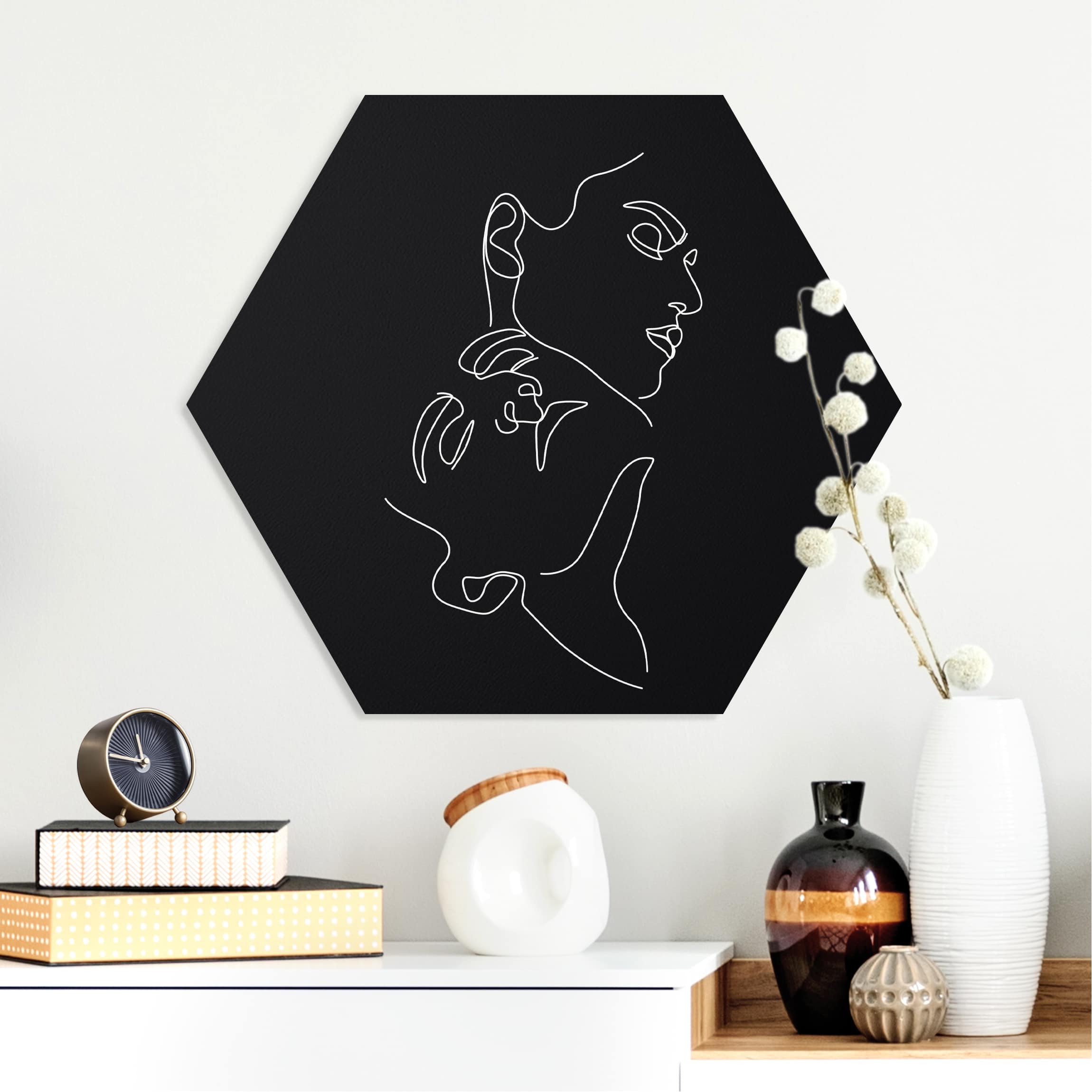 Hexagon-Forexbild Line Art Frauen Gesichter Schwarz