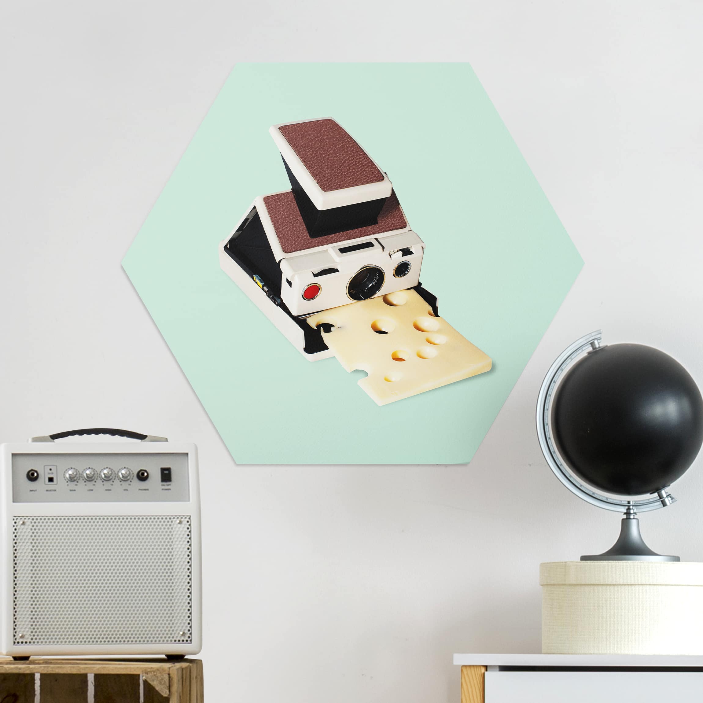 Hexagon-Alu-Dibond Bild Kamera mit Käse