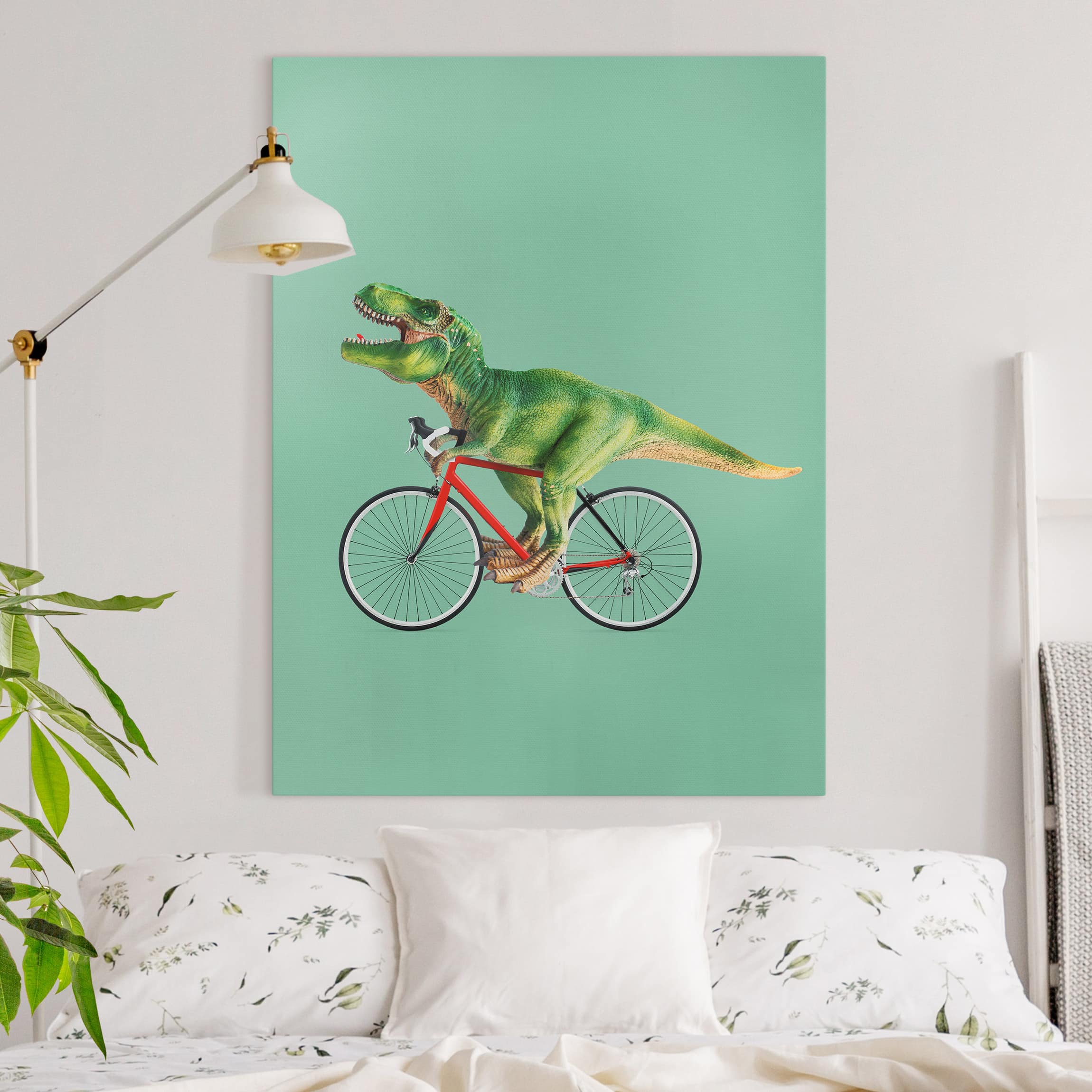 Leinwandbild Dinosaurier mit Fahrrad