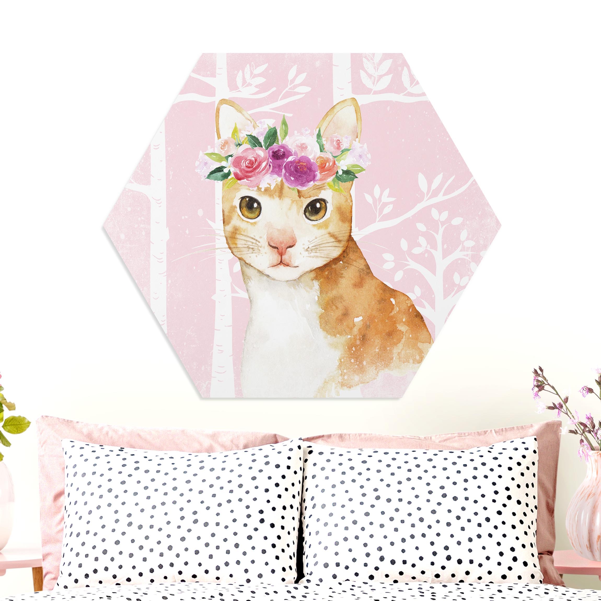 Hexagon-Forexbild Aquarell Katze Rosa