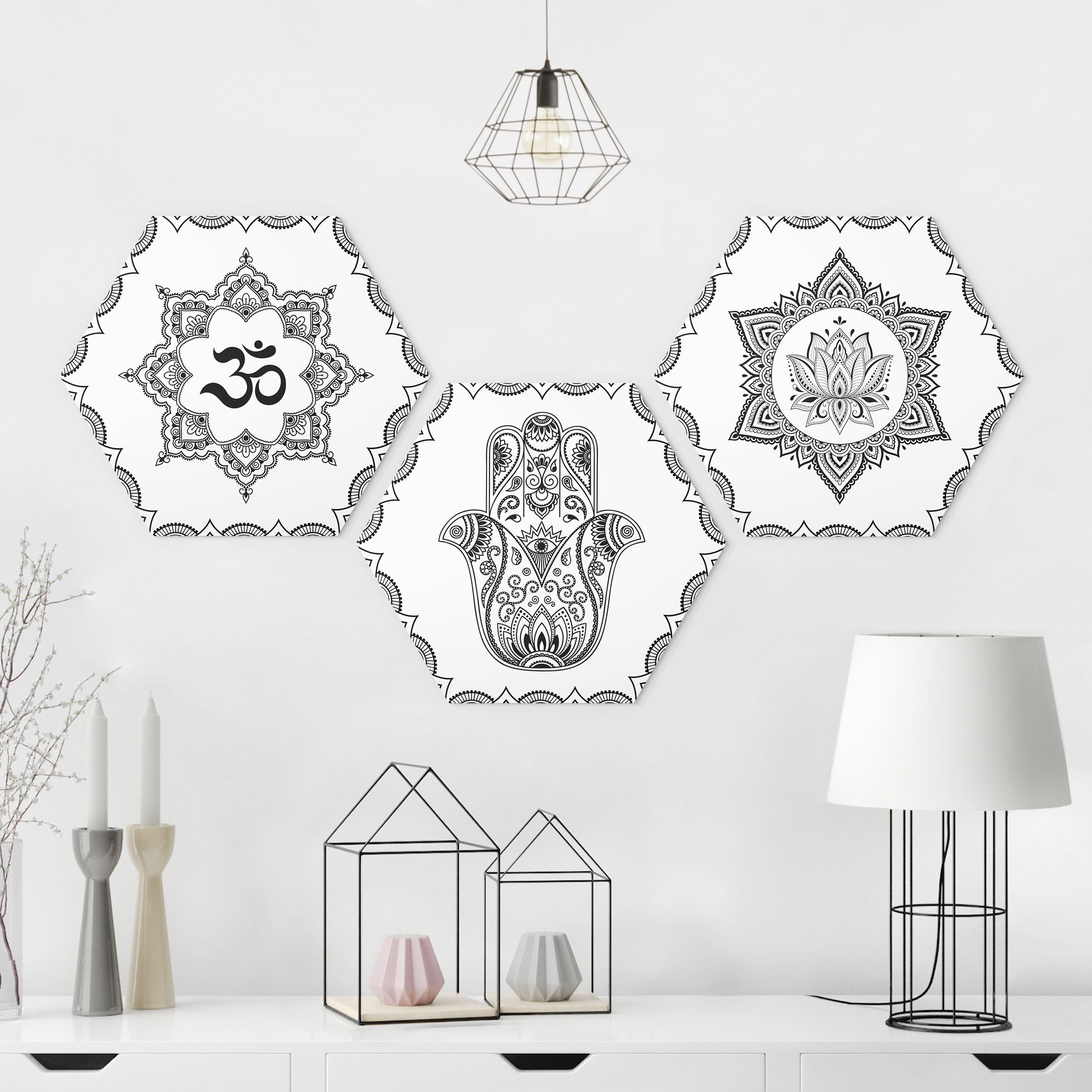 3-teiliges Hexagon-Alu-Dibond Bild Hamsa Hand Lotus OM Illustration Set Schwarz Weiß