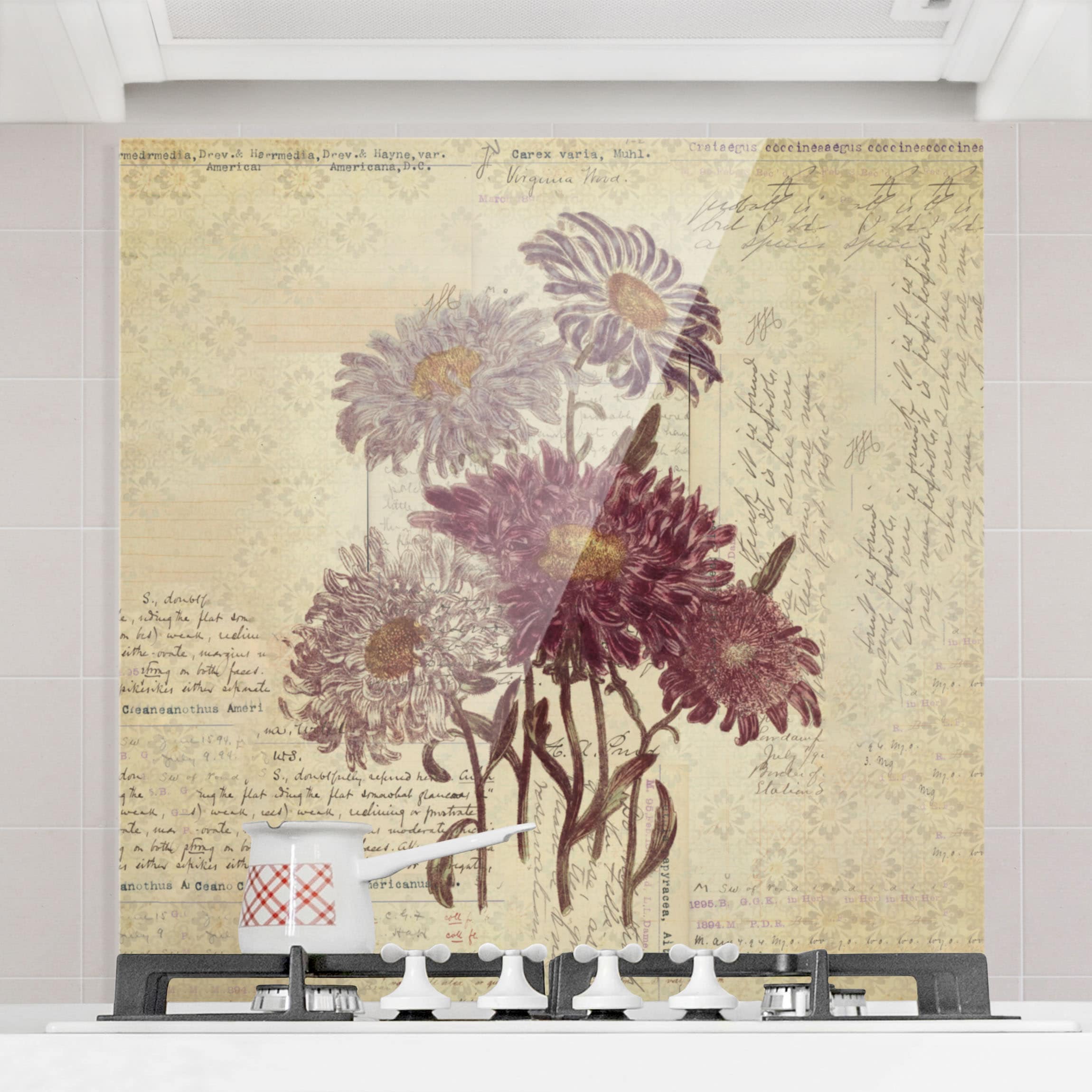 Spritzschutz Vintage Blumen mit Handschrift