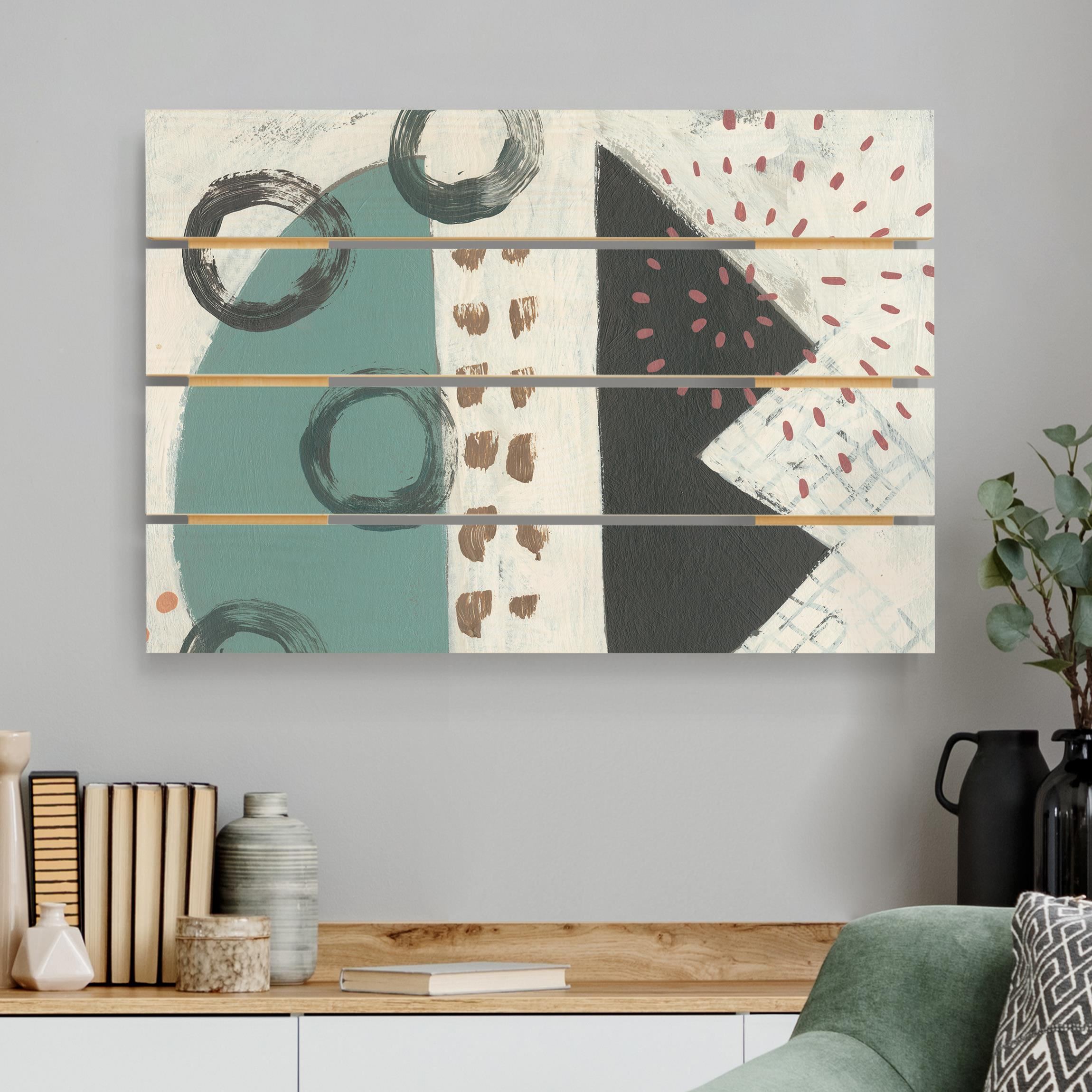 Holzbild Plankenoptik - Querformat Karneval der Formen in Petrol III