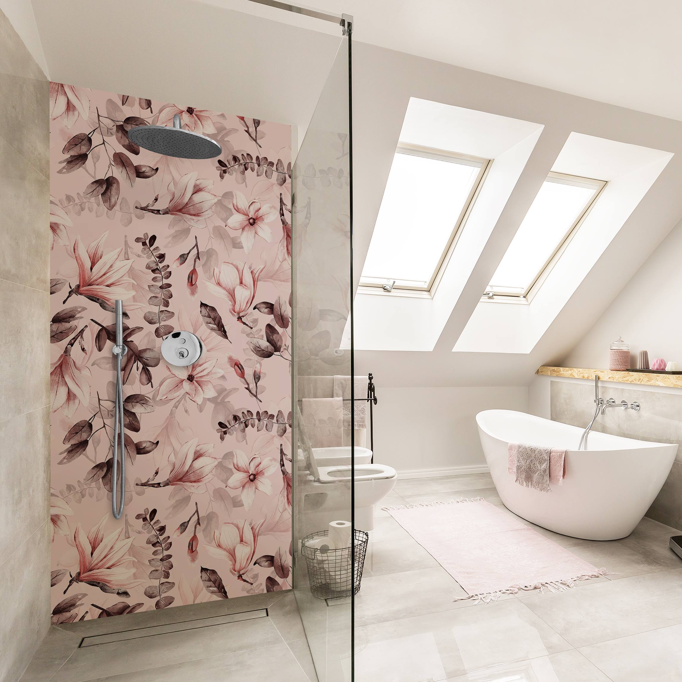 Duschrückwand Blüten mit Grauen Blättern vor Rosa
