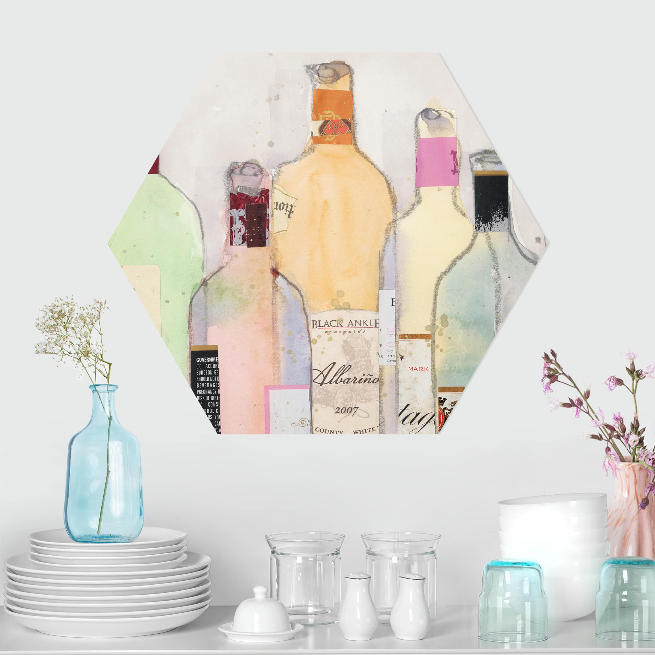 Hexagon-Alu-Dibond Bild Weinflaschen in Wasserfarbe II