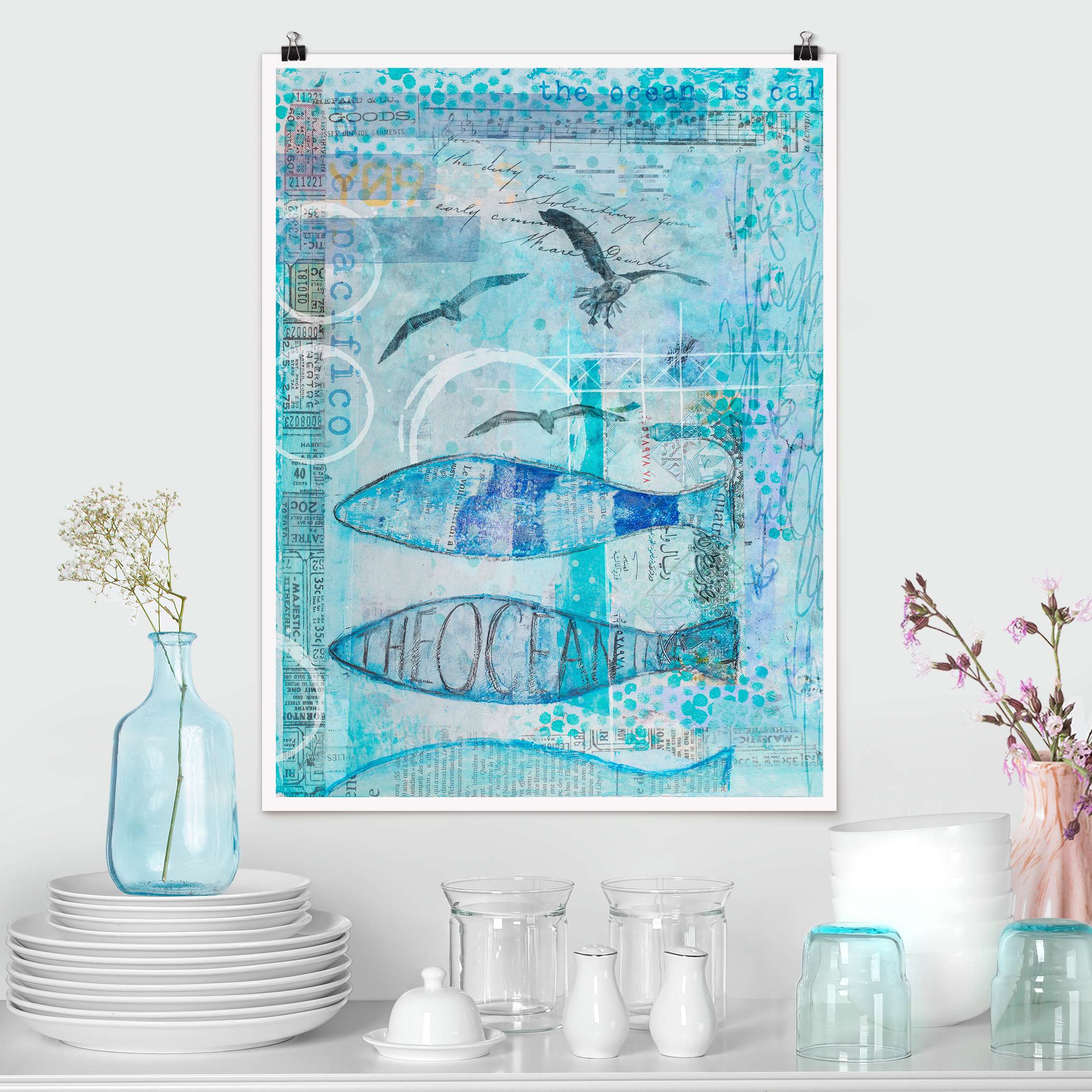 Poster Bunte Collage - Blaue Fische