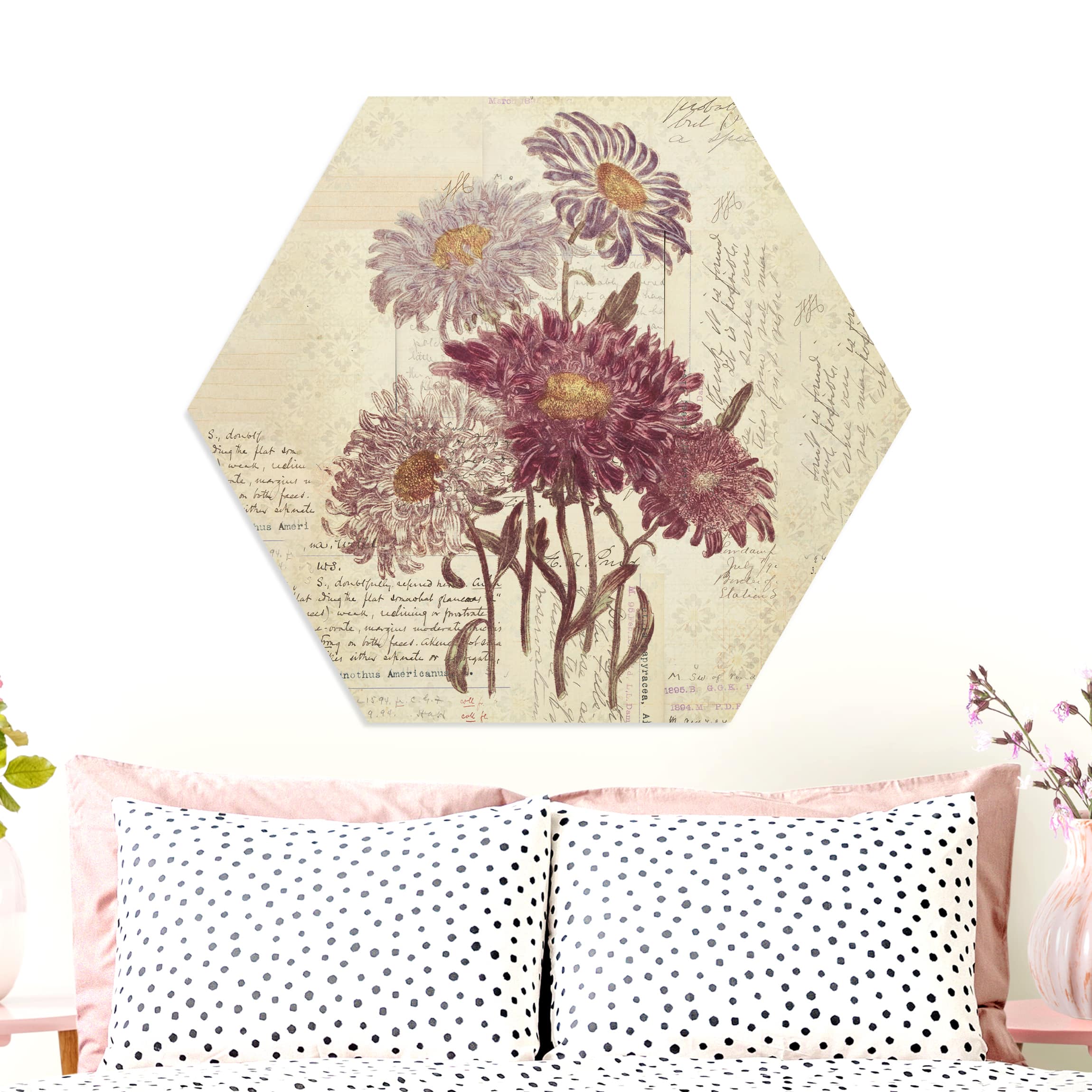 Hexagon-Forexbild Vintage Blumen mit Handschrift