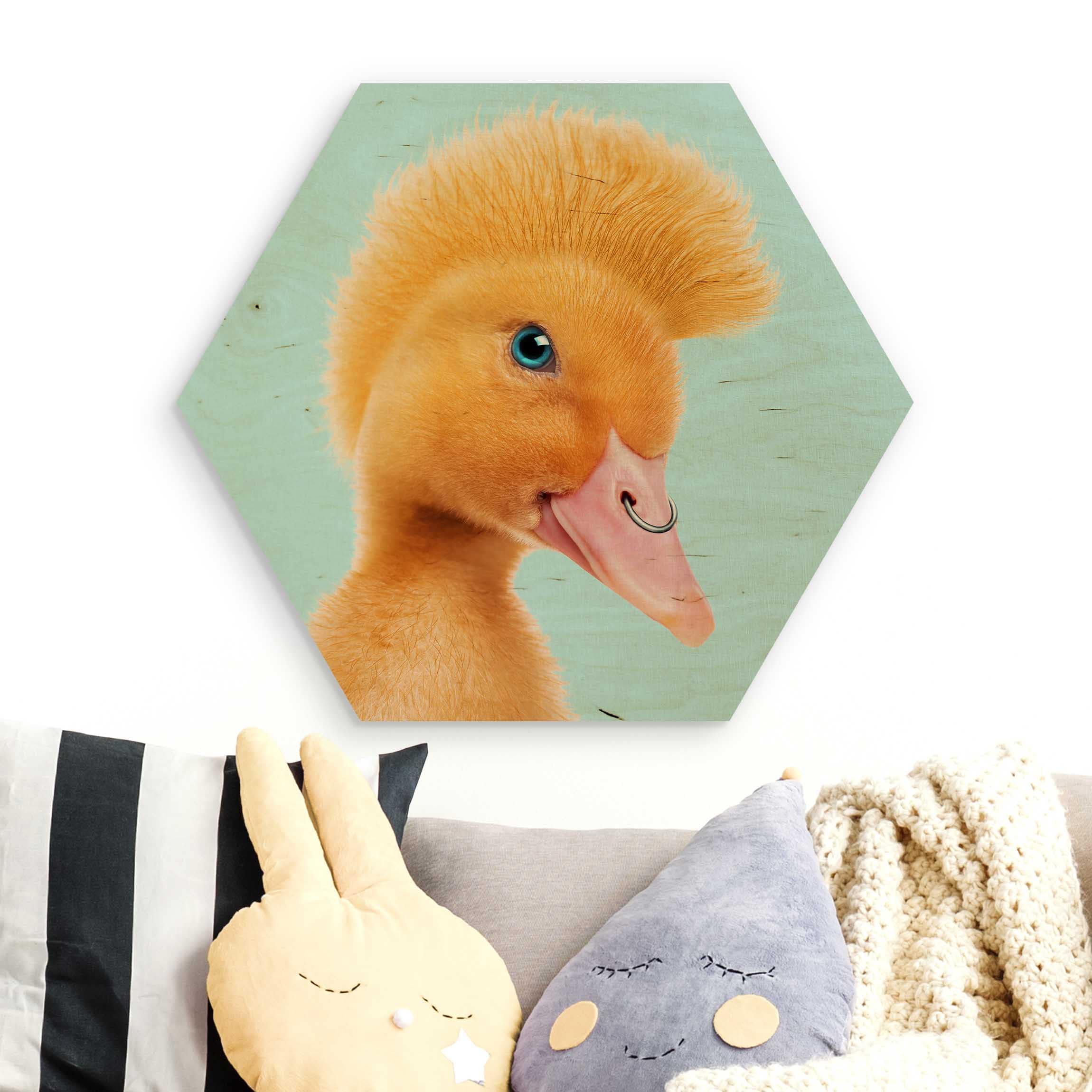 Hexagon-Holzbild Küken mit Piercing