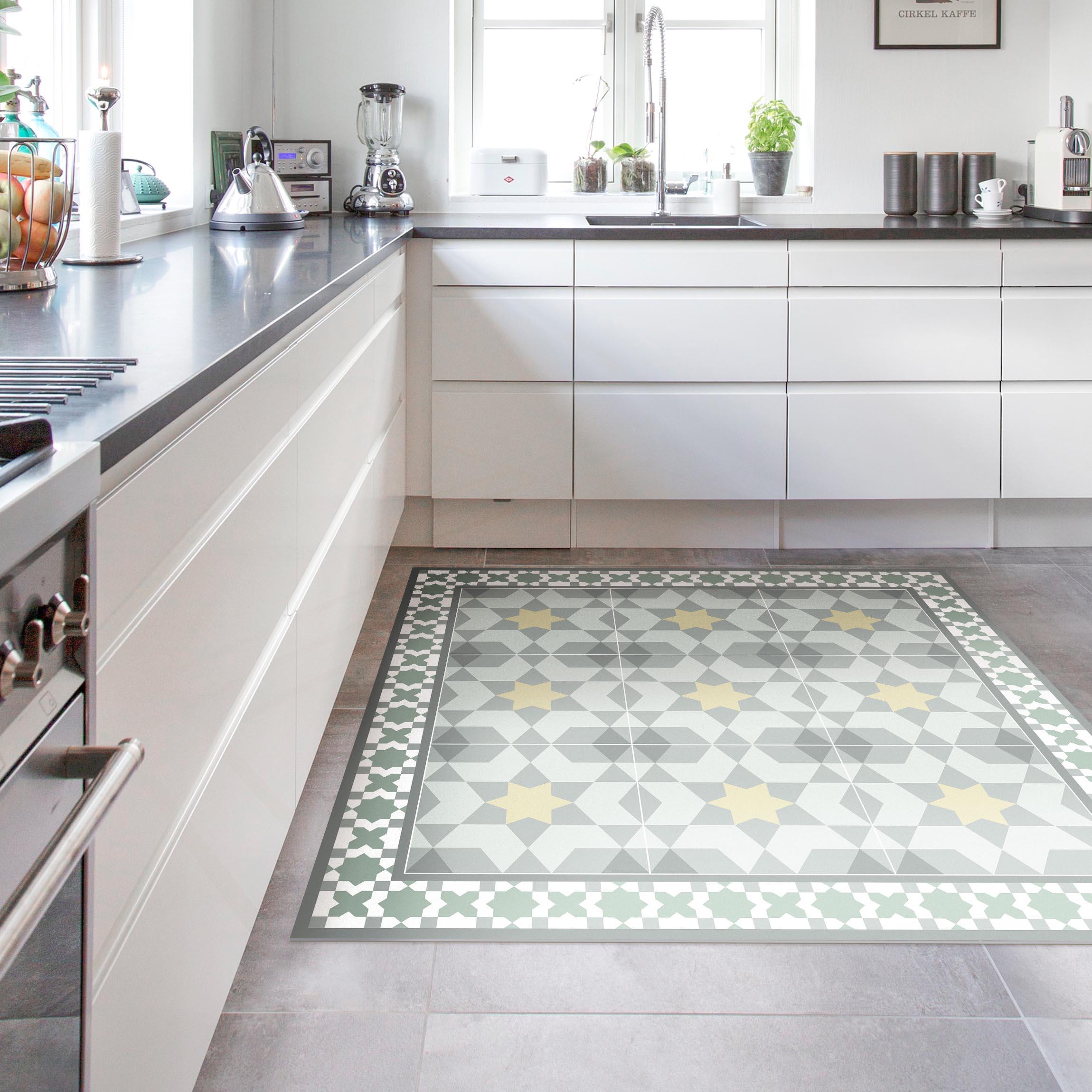 Vinylteppich Geometrische Fliesen Kaleidoskop Gelbgrün mit Bordüre