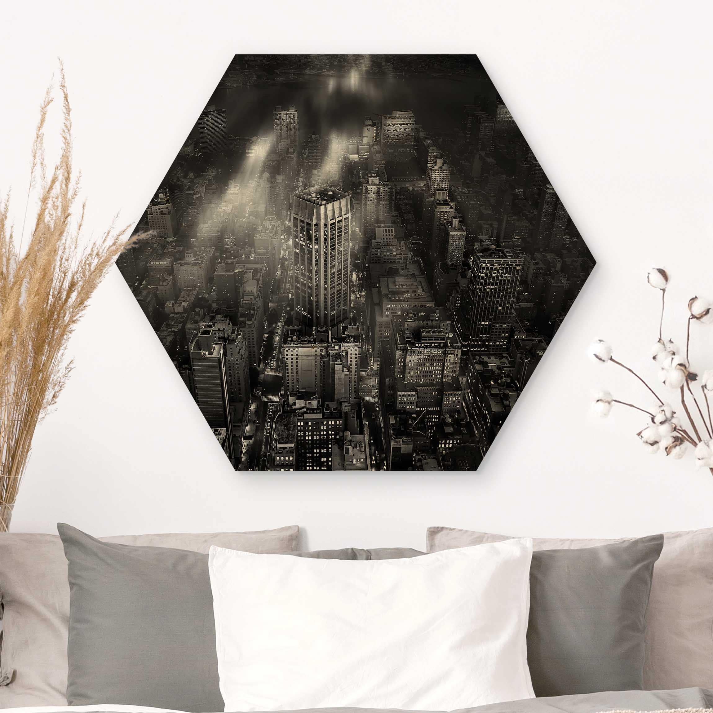Hexagon-Holzbild Sonnenlicht über New York City