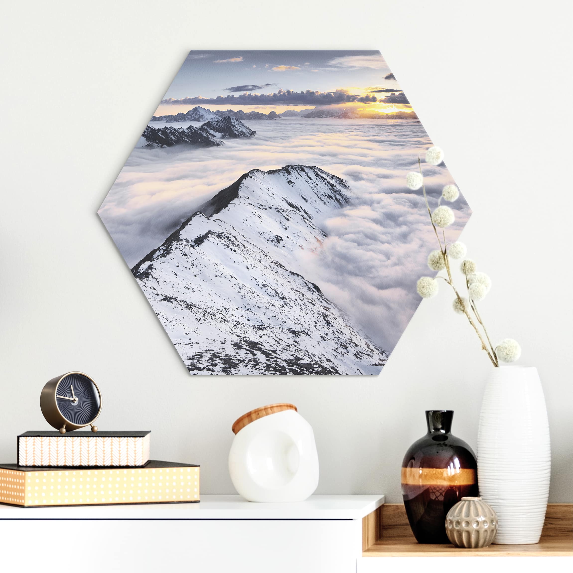 Hexagon-Alu-Dibond Bild Blick über Wolken und Berge