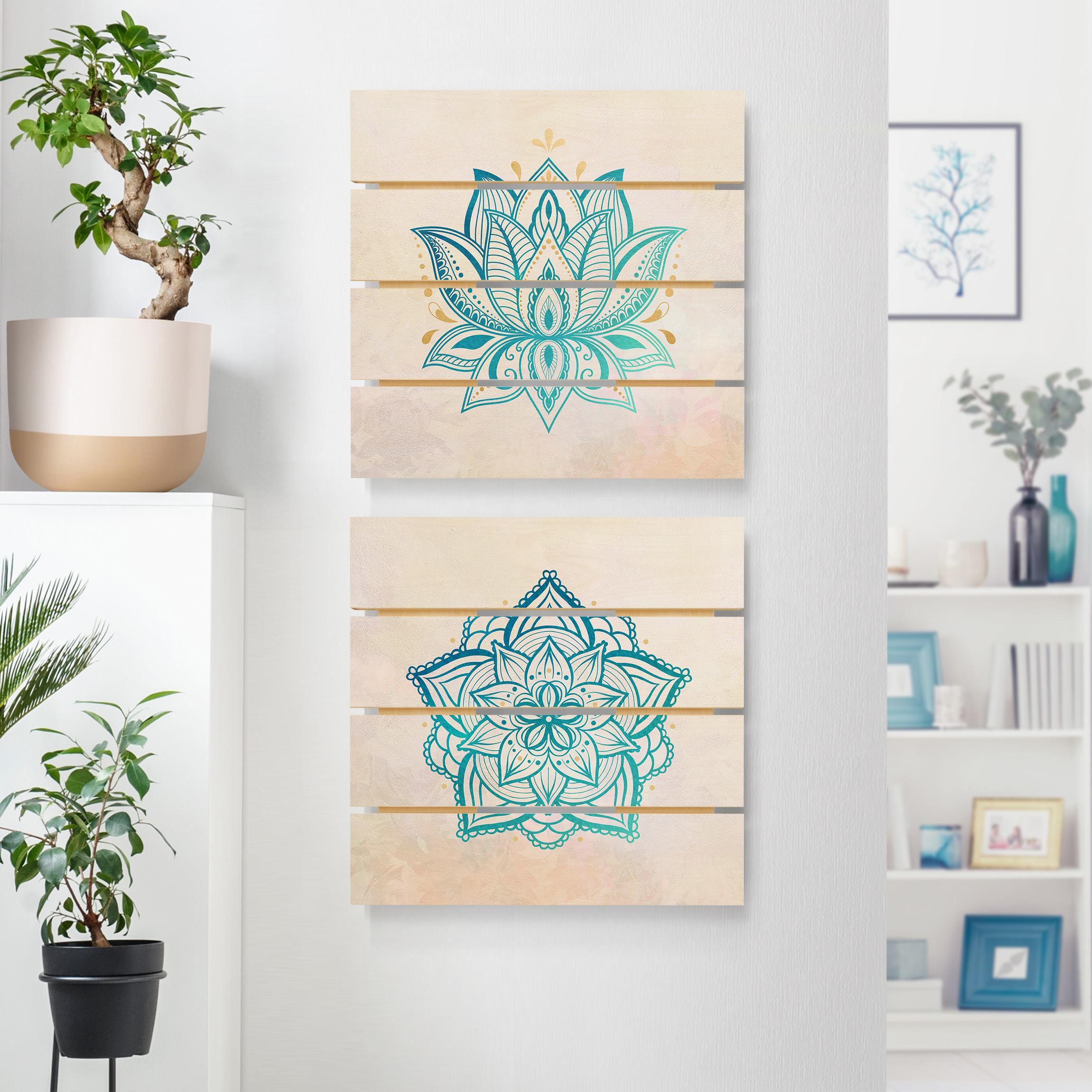 2-teiliges Holzbild Plankenoptik - Quadrat Mandala Hamsa Hand Lotus Set gold blau