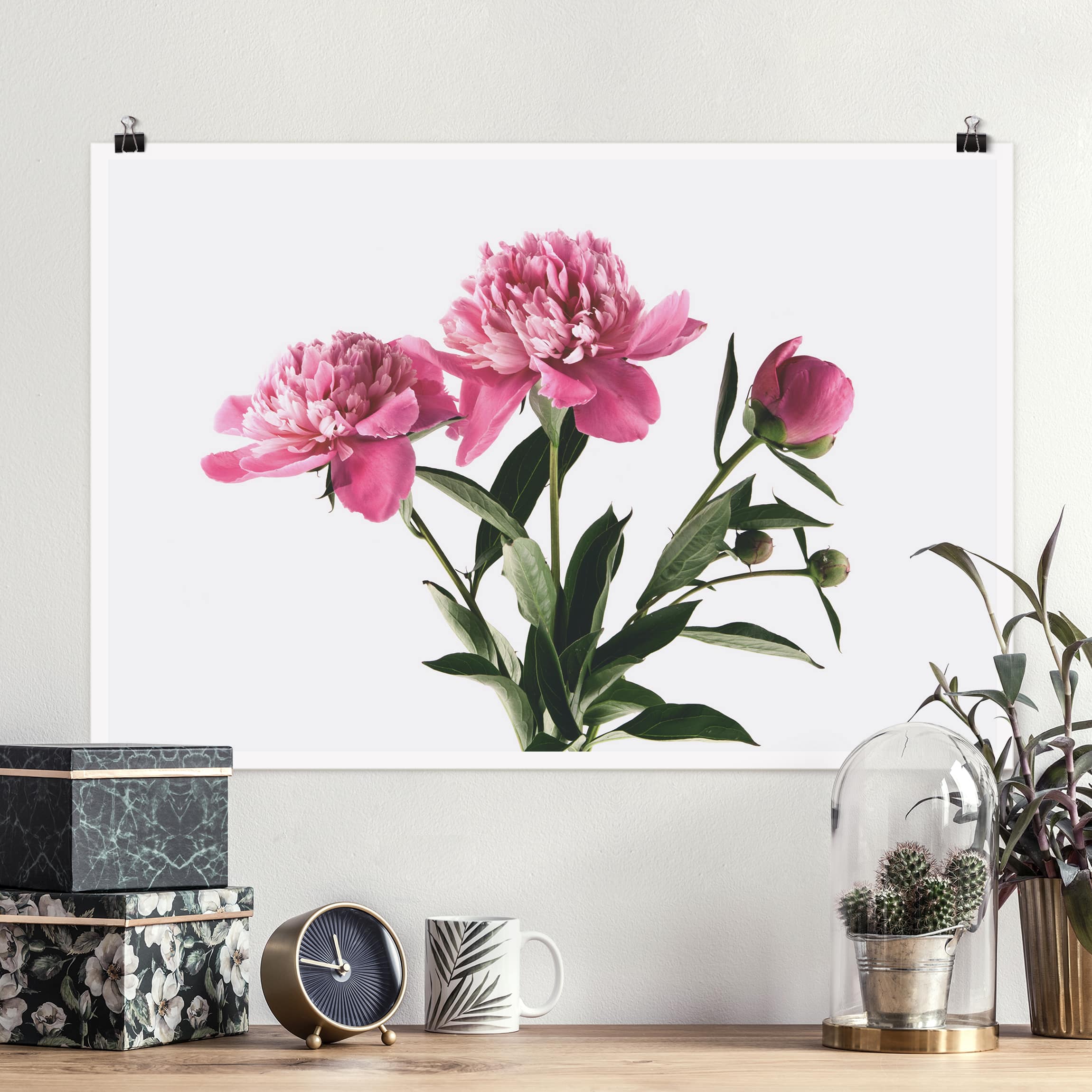 Poster - Querformat Blüten und Knospen Pink auf Weiß