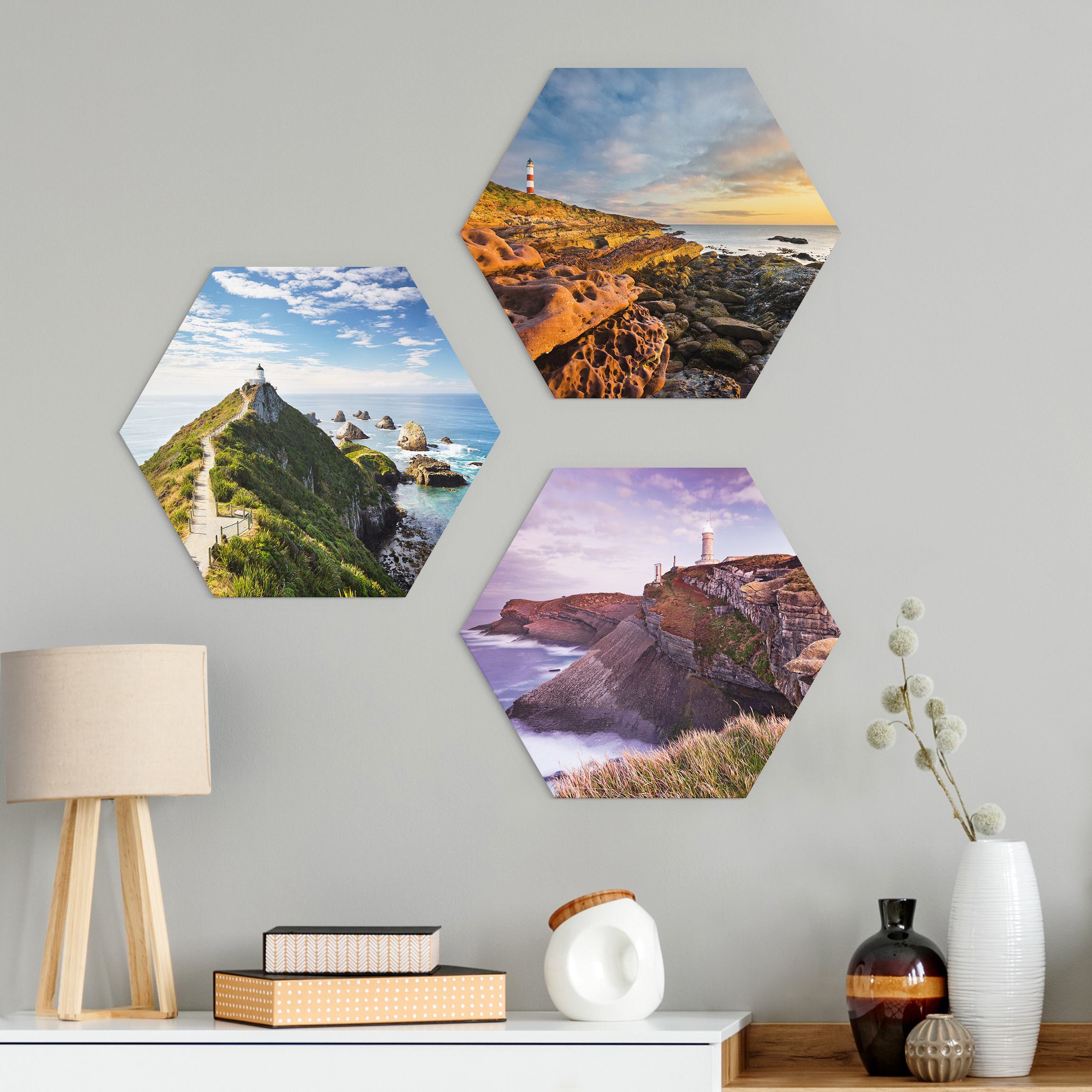 3-teiliges Hexagon-Alu-Dibond Bild Leuchtturm Trio