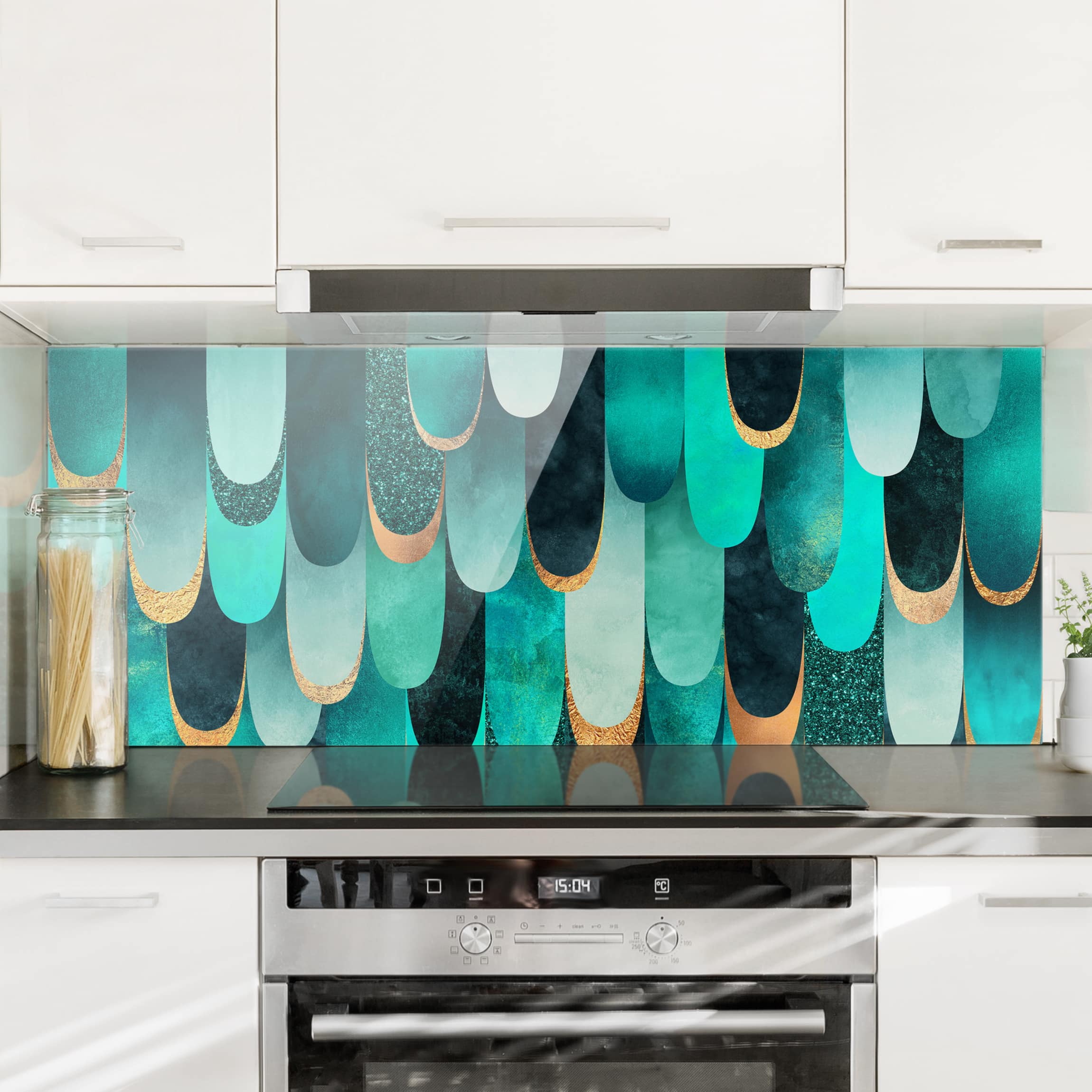 Glas Spritzschutz - Panorama Federn Gold Türkis
