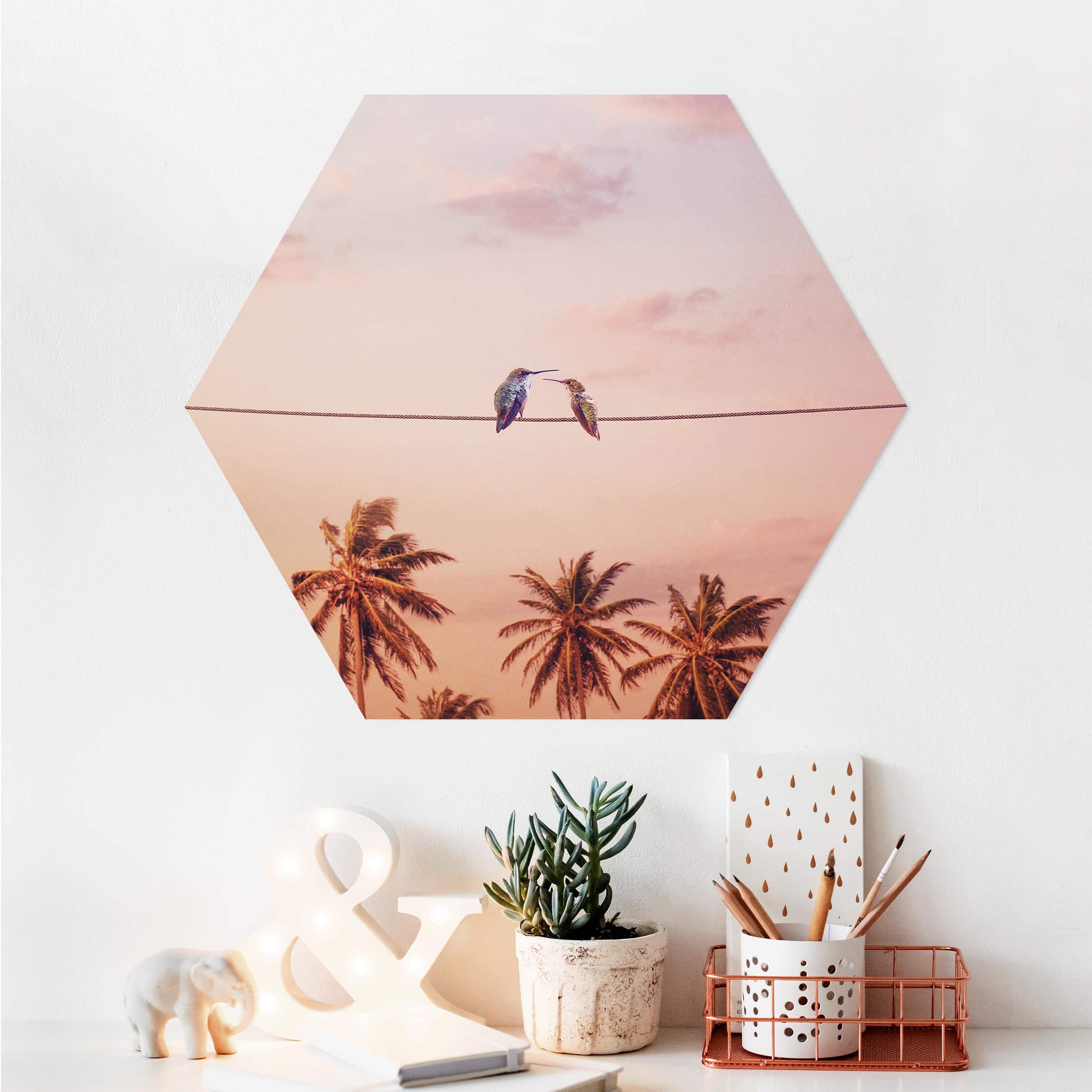 Hexagon-Alu-Dibond Bild Sonnenuntergang mit Kolibris