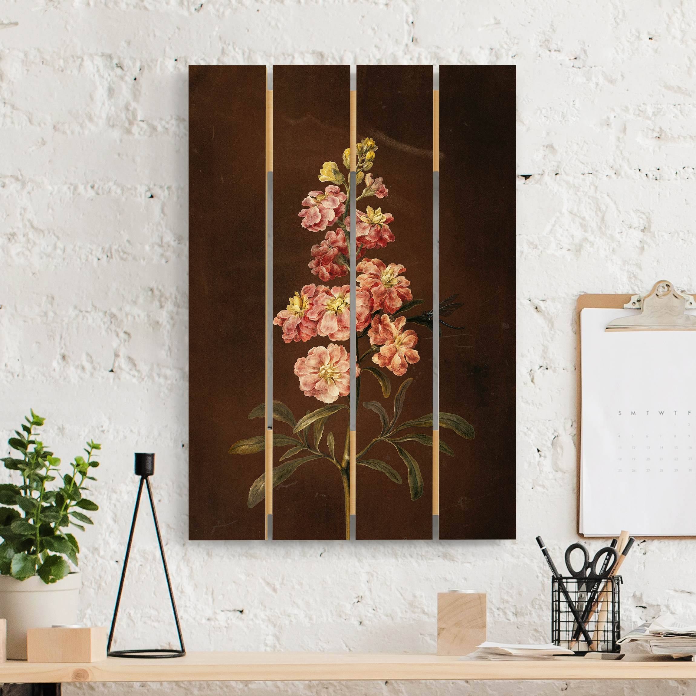 Holzbild Plankenoptik - Hochformat Barbara Regina Dietzsch - Eine rosa Garten-Levkkoje