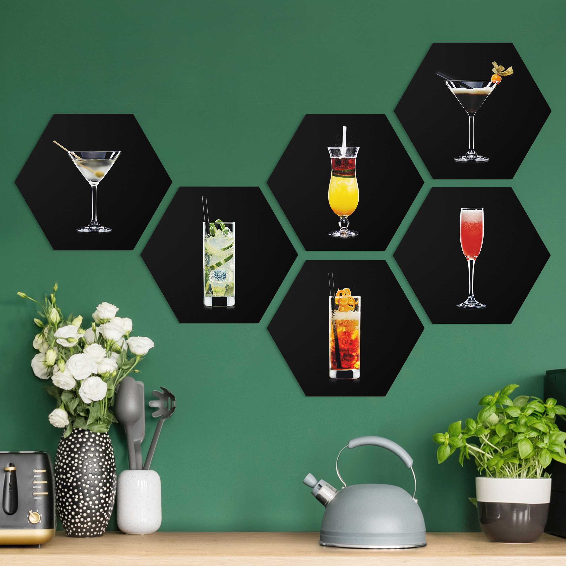 6-teiliges Hexagon-Alu-Dibond Bild Cocktail Set auf Schwarz Set II