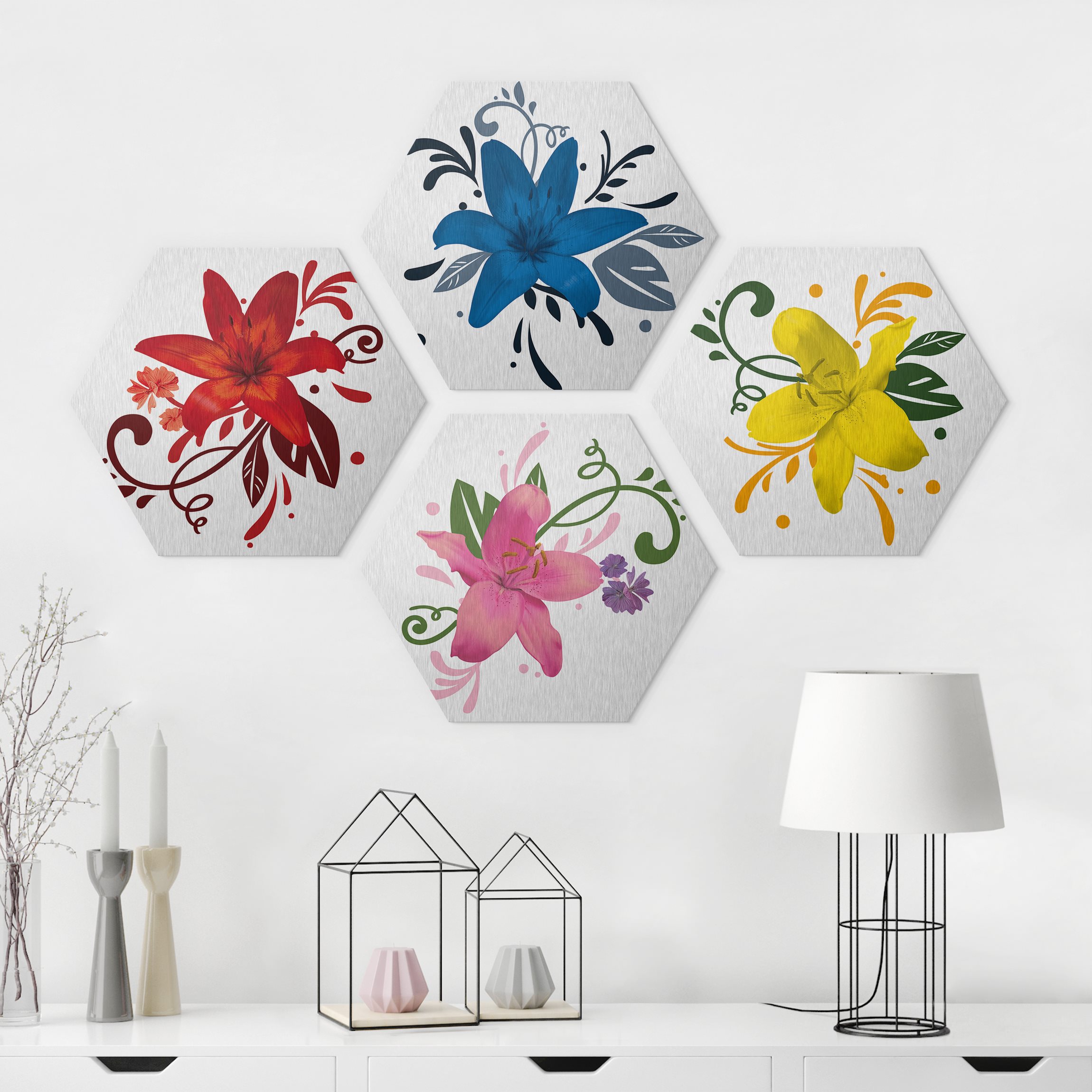 4-teiliges Hexagon-Alu-Dibond Bild No.BP20 Lilientraum Set
