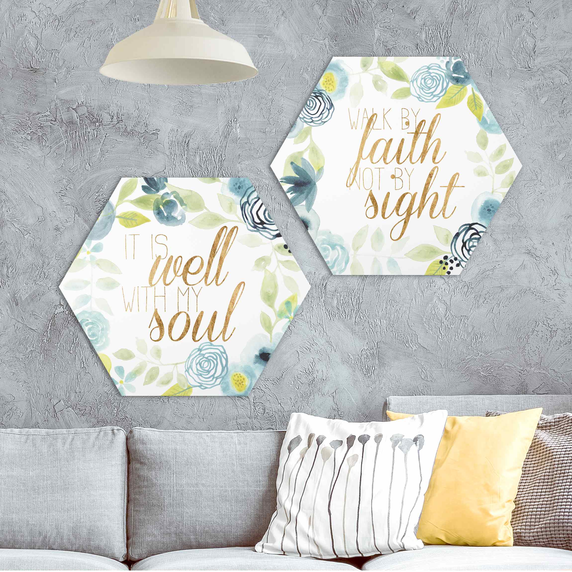 2-teiliges Hexagon-Alu-Dibond Bild Blumenkranz mit Spruch Set I