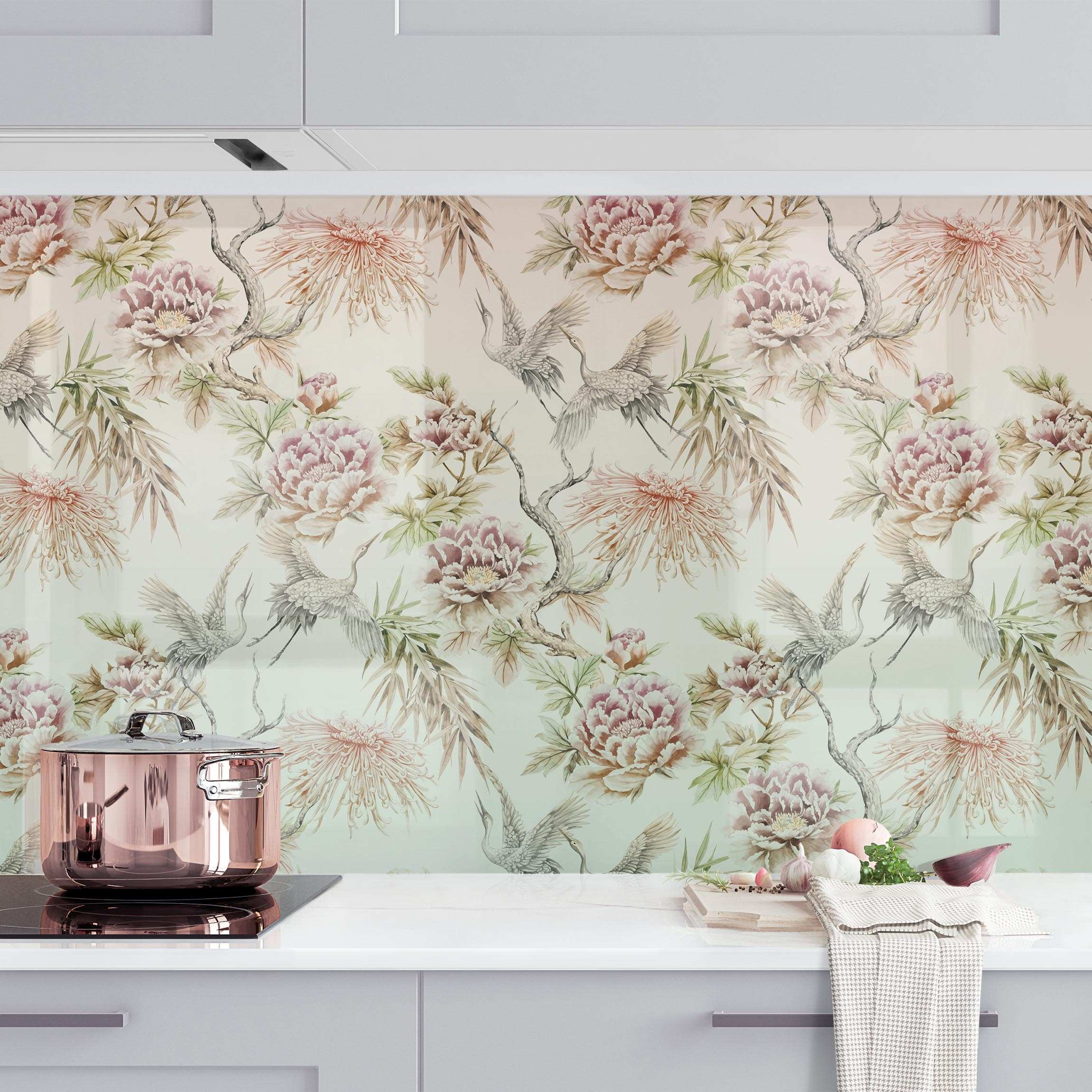 Küchenrückwand Aquarell Vögel mit großen Blüten in Ombre II