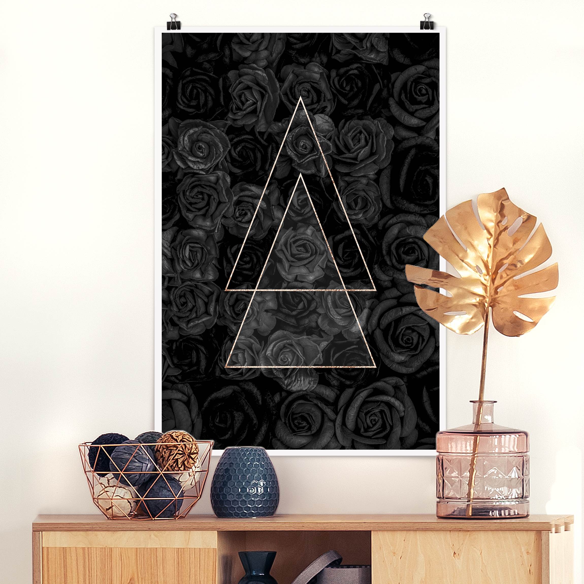 Poster Schwarze Rosen mit goldenen Dreiecken