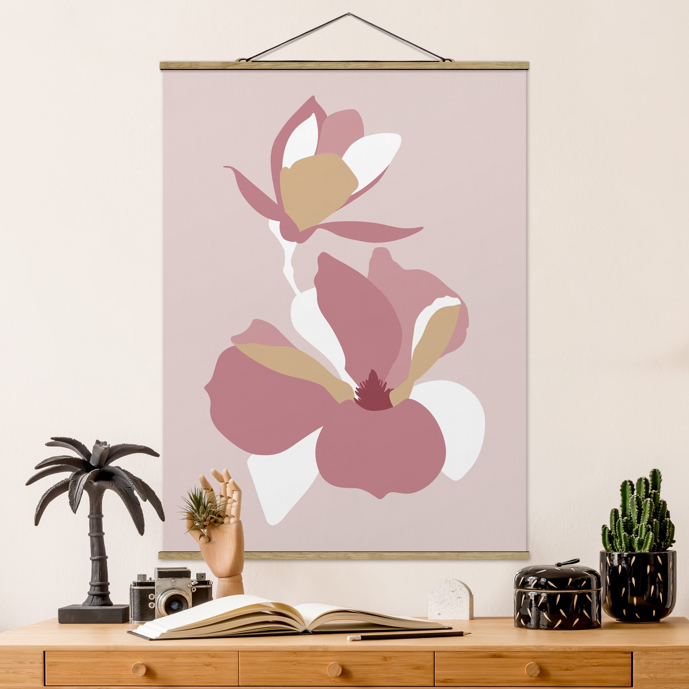 Stoffbild - Hochformat Line Art Blüten Pastell Rosa