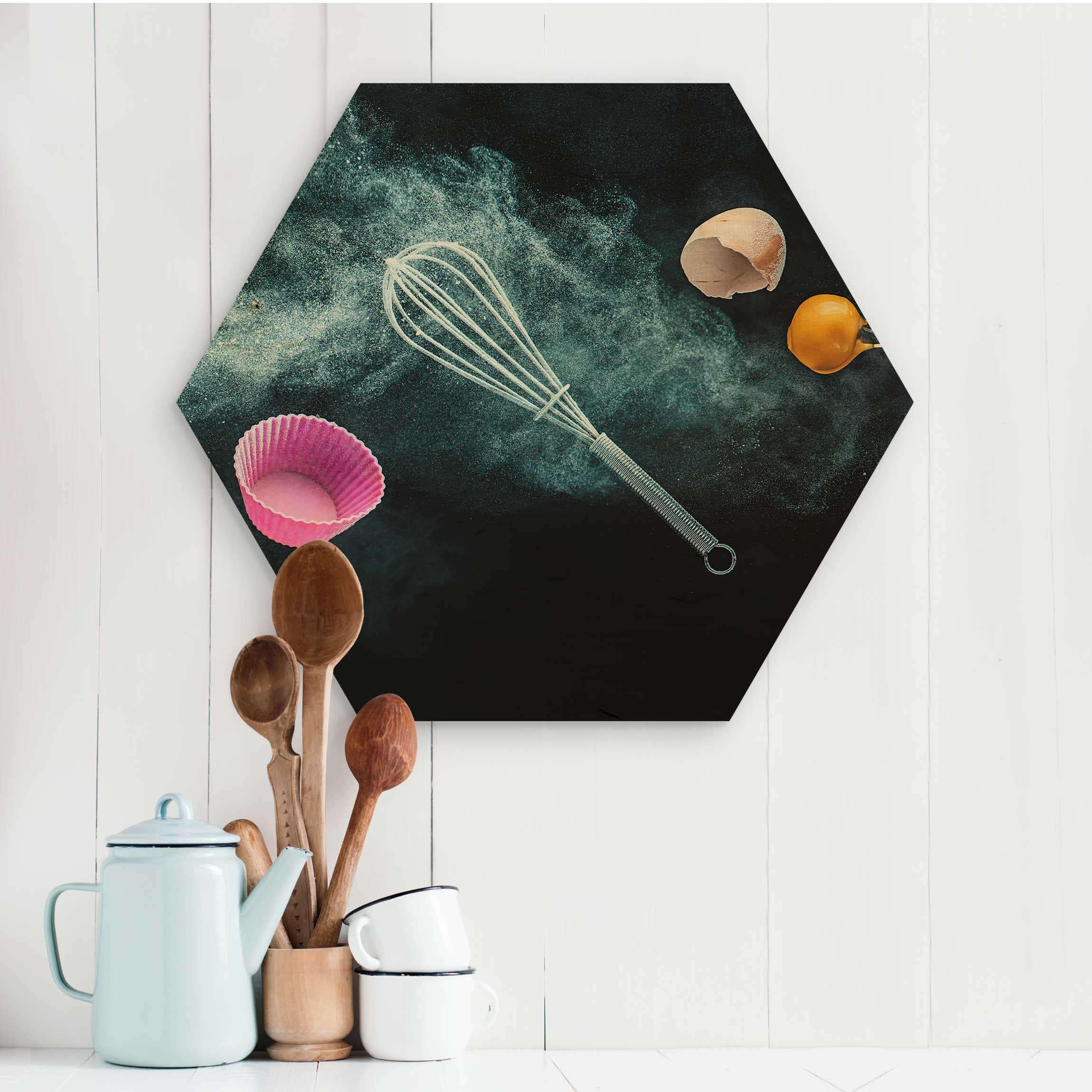 Hexagon-Holzbild Chaos in der Küche