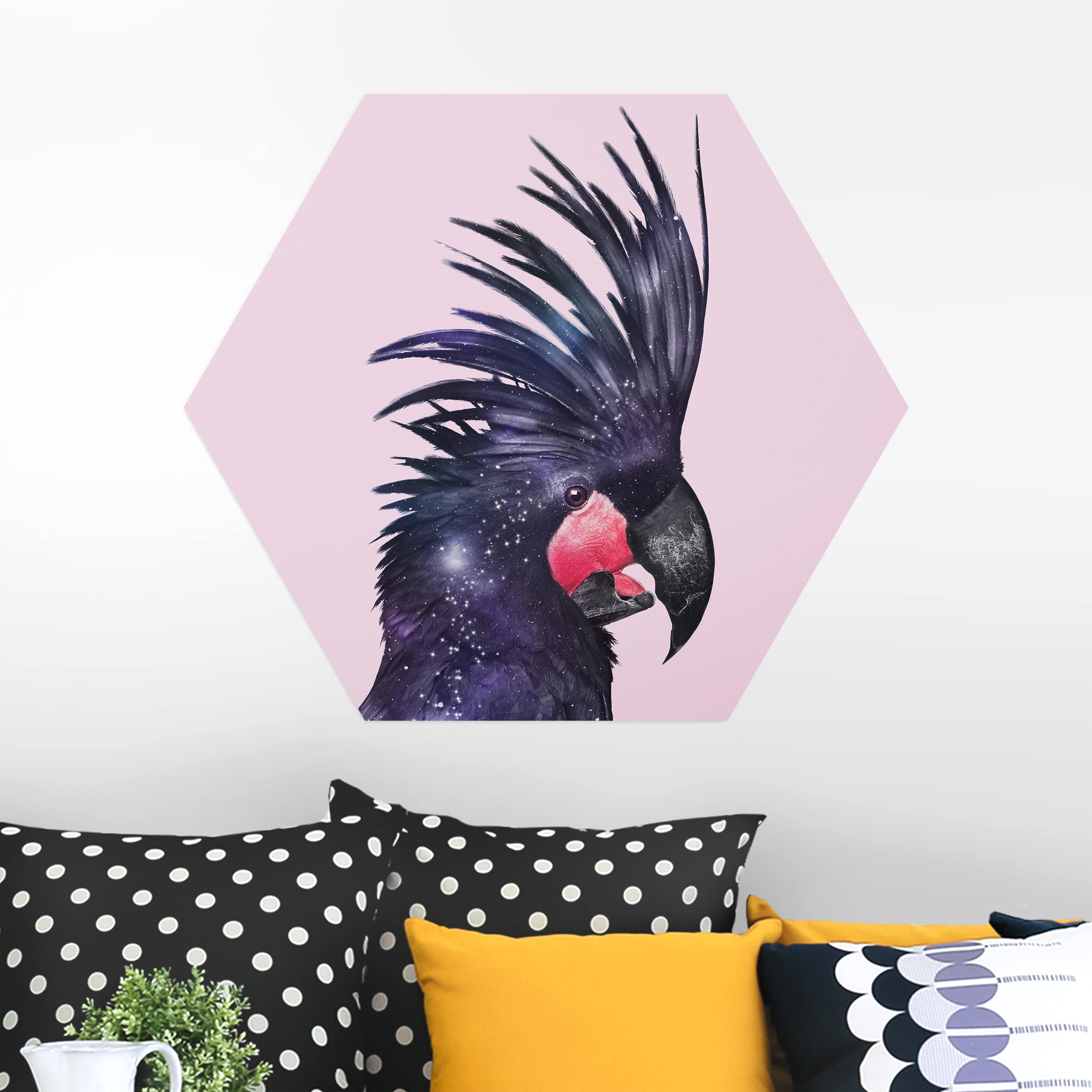 Hexagon-Alu-Dibond Bild Kakadu mit Galaxie