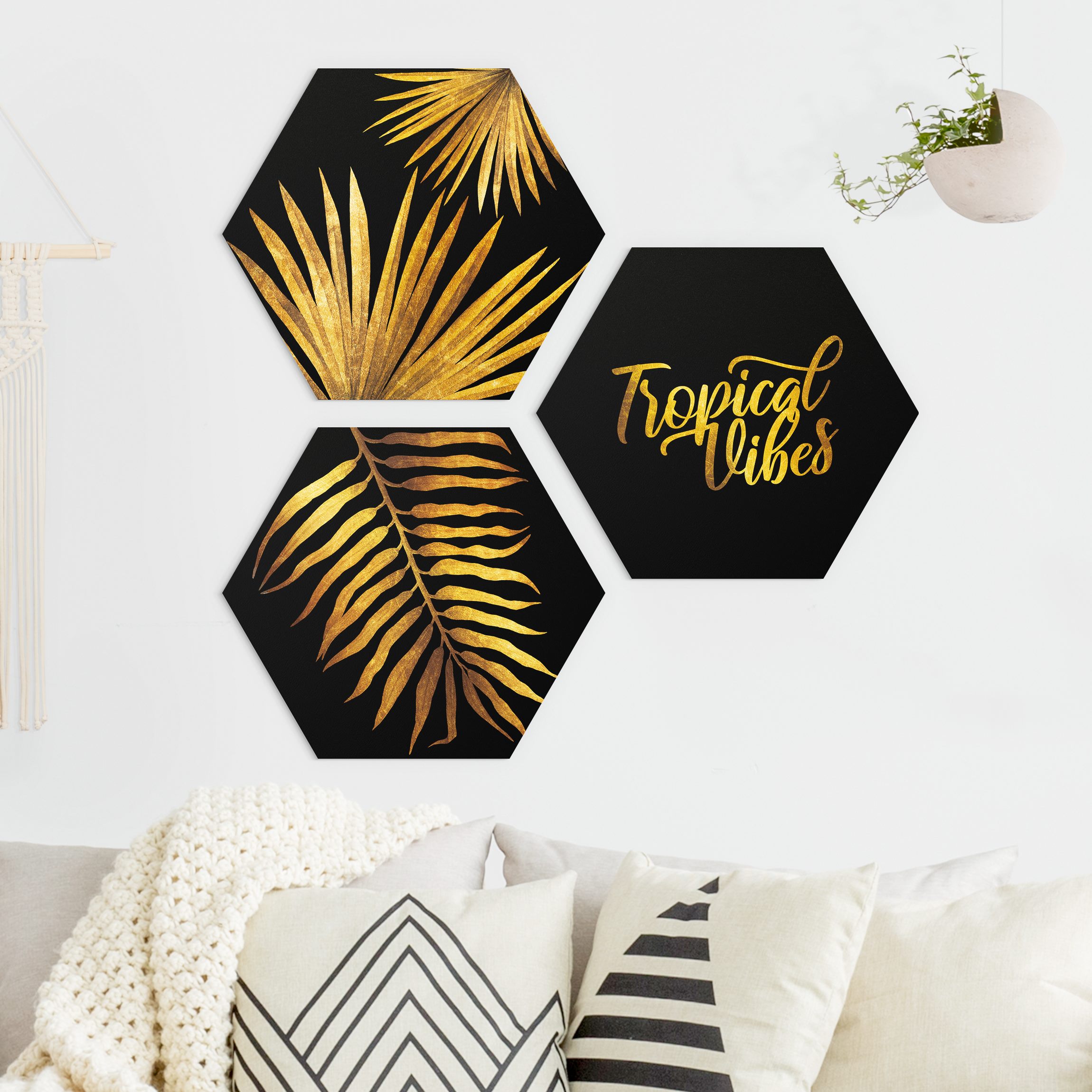 3-teiliges Hexagon-Alu-Dibond Bild Gold - Tropical Vibes auf Schwarz Set I
