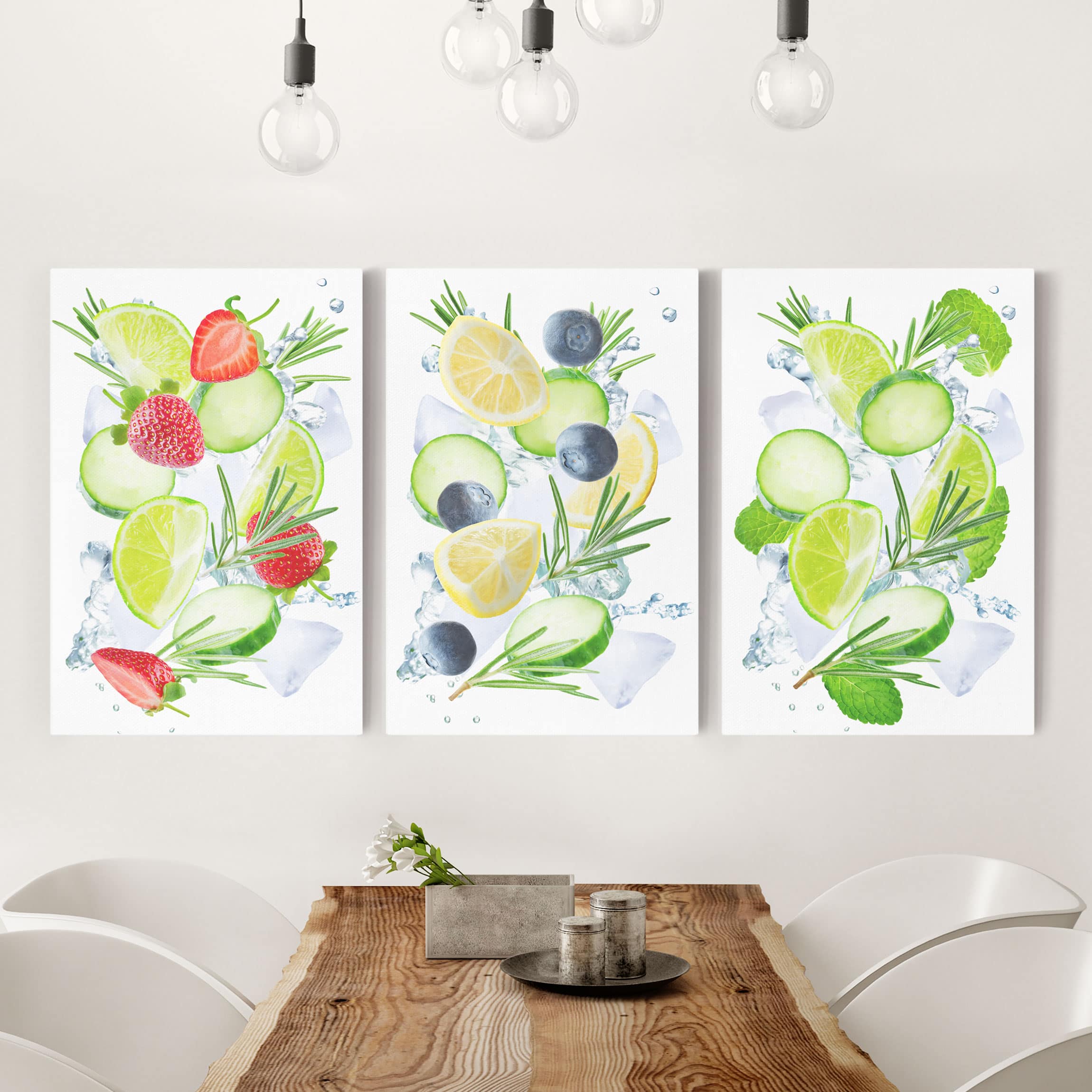3-teiliges Leinwandbild Küche Gurken Frucht Eiswürfel Splash