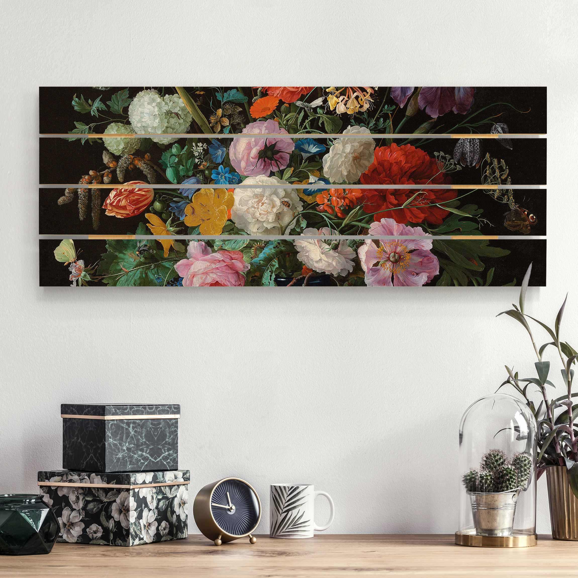 Holzbild Plankenoptik - Panorama Jan Davidsz de Heem - Glasvase mit Blumen