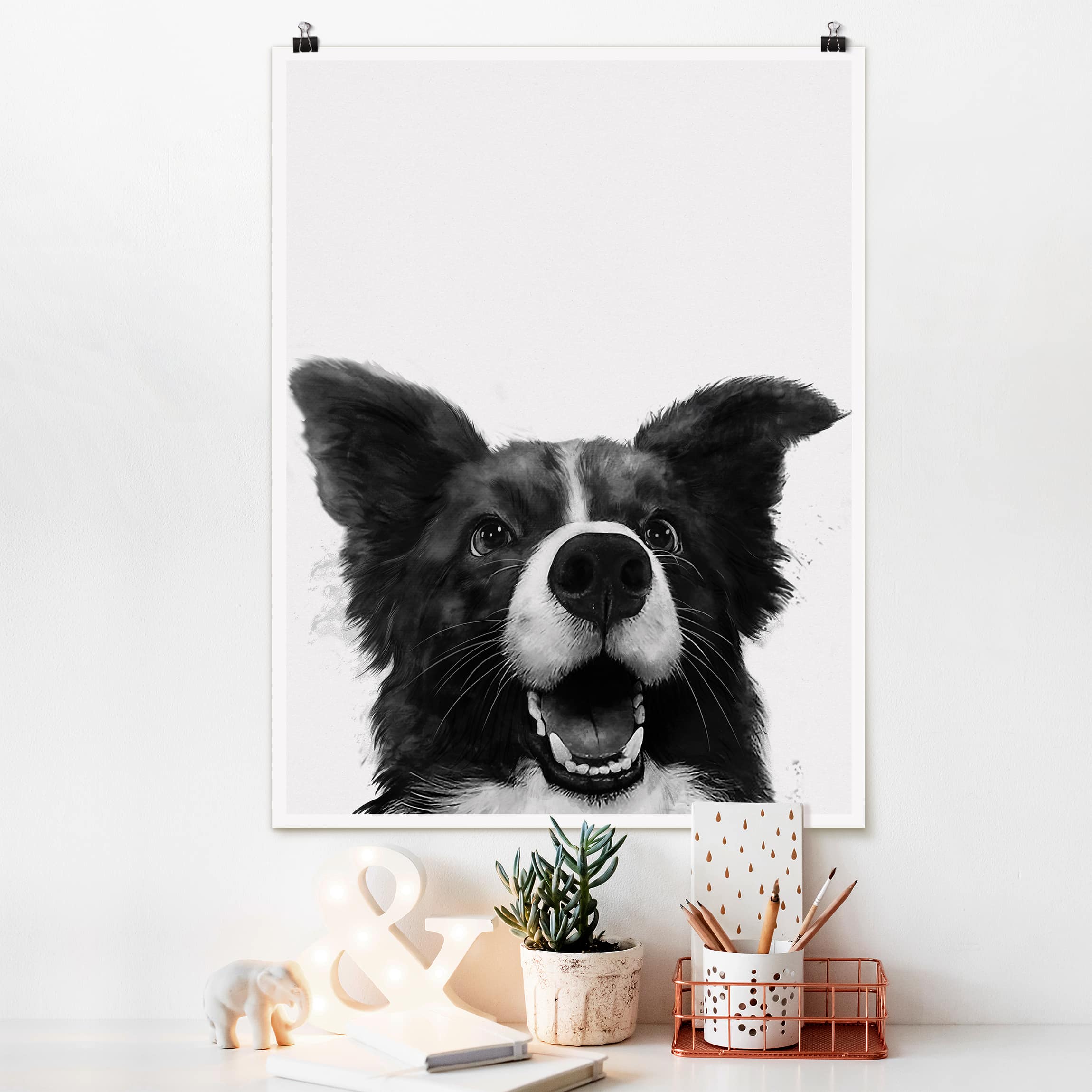 Poster Illustration Hund Border Collie Schwarz Weiß Malerei
