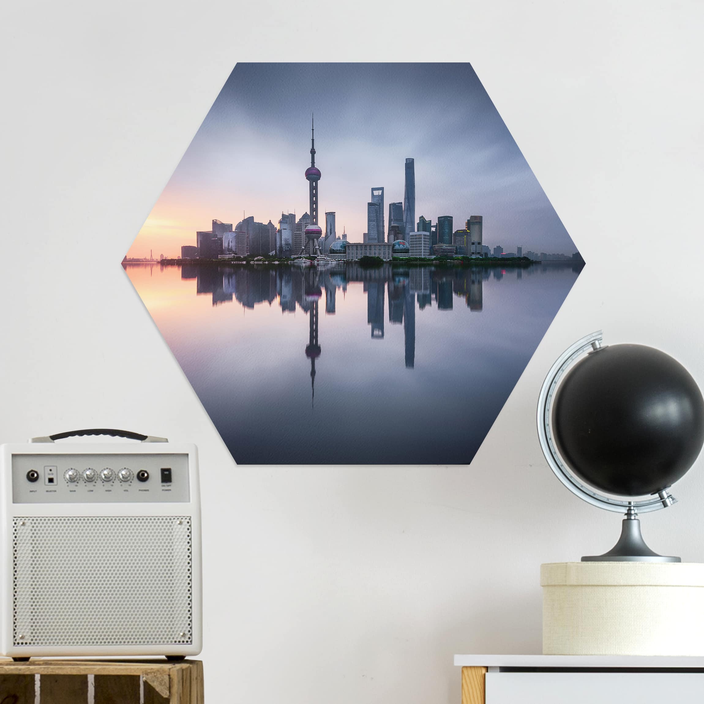 Hexagon-Alu-Dibond Bild Shanghai Skyline Morgenstimmung
