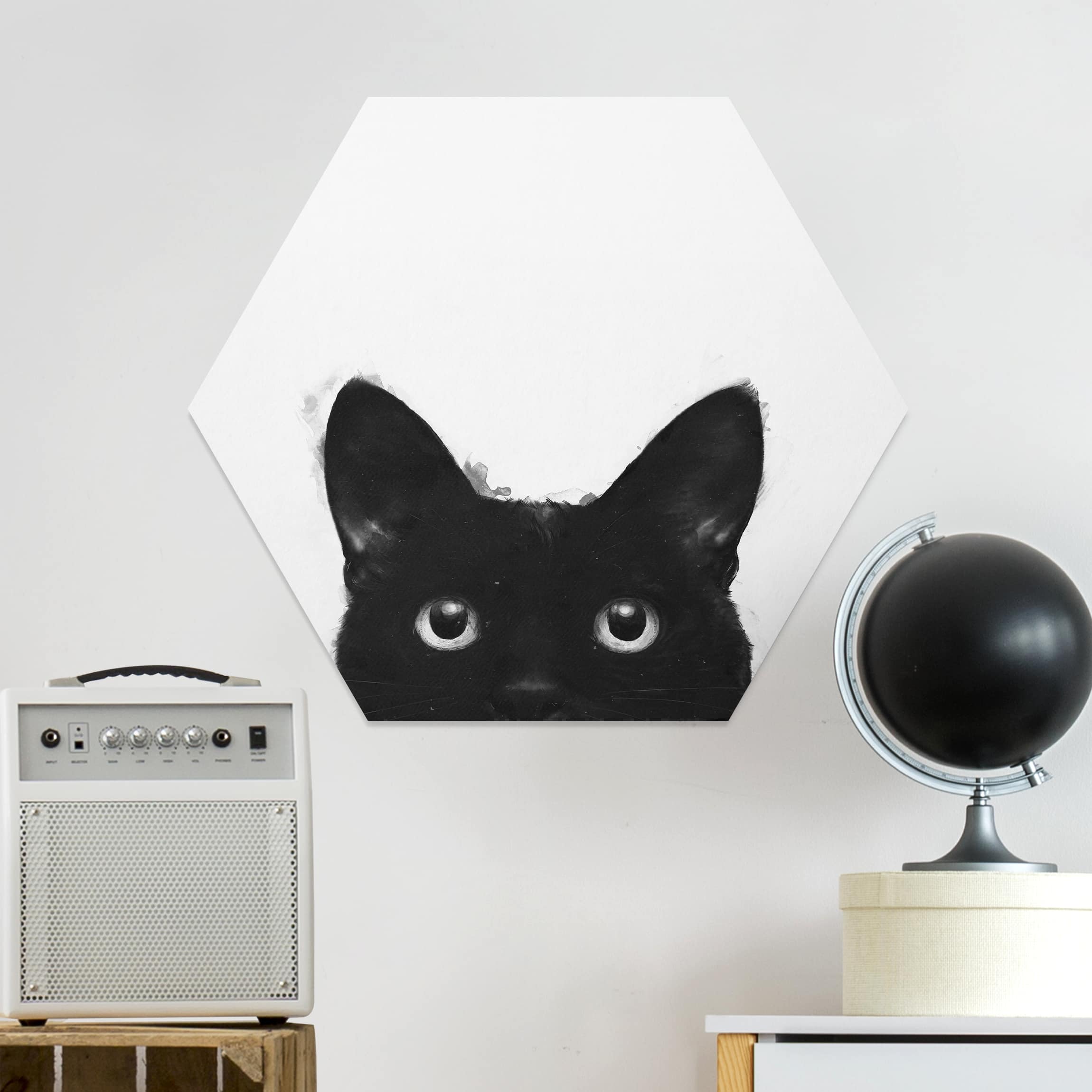 Hexagon-Forexbild Illustration Schwarze Katze auf Weiß Malerei