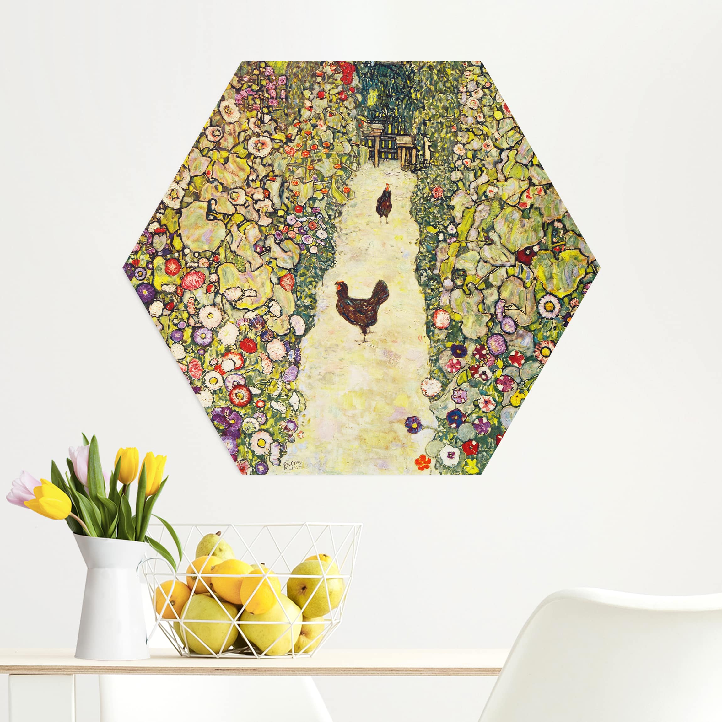 Hexagon-Alu-Dibond Bild Gustav Klimt - Gartenweg mit Hühnern