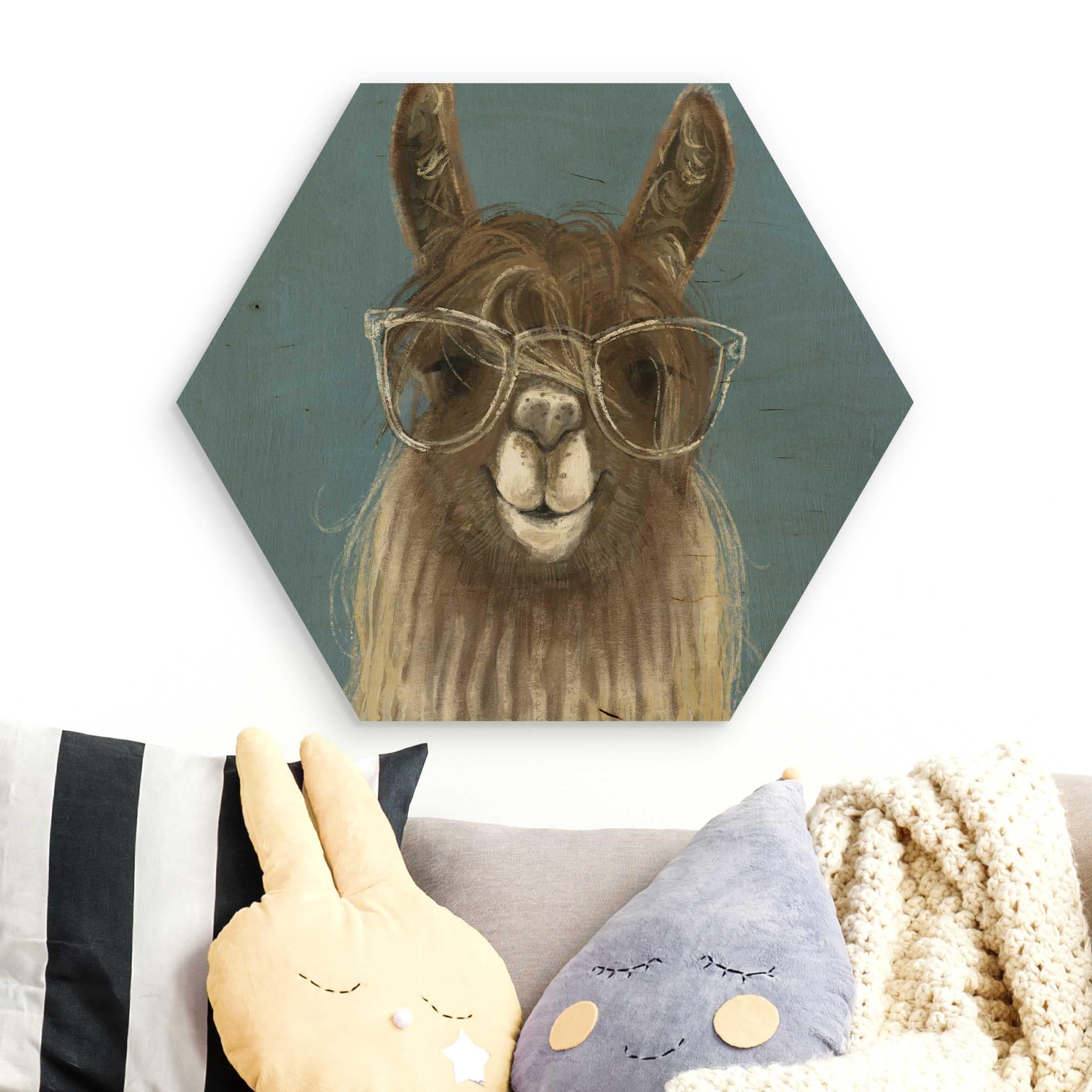 Hexagon-Holzbild Lama mit Brille III
