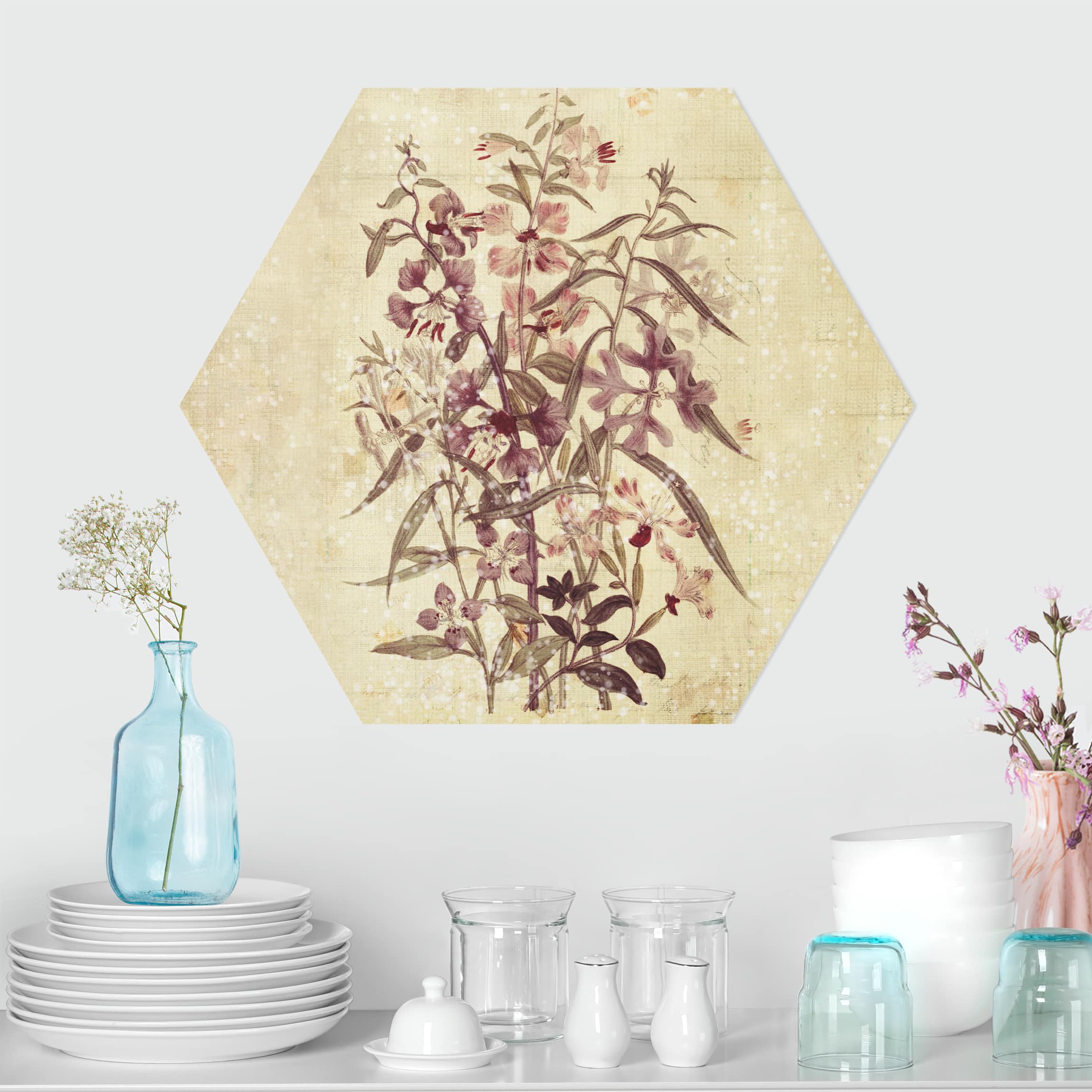 Hexagon-Alu-Dibond Bild Vintage Florale Leinenoptik