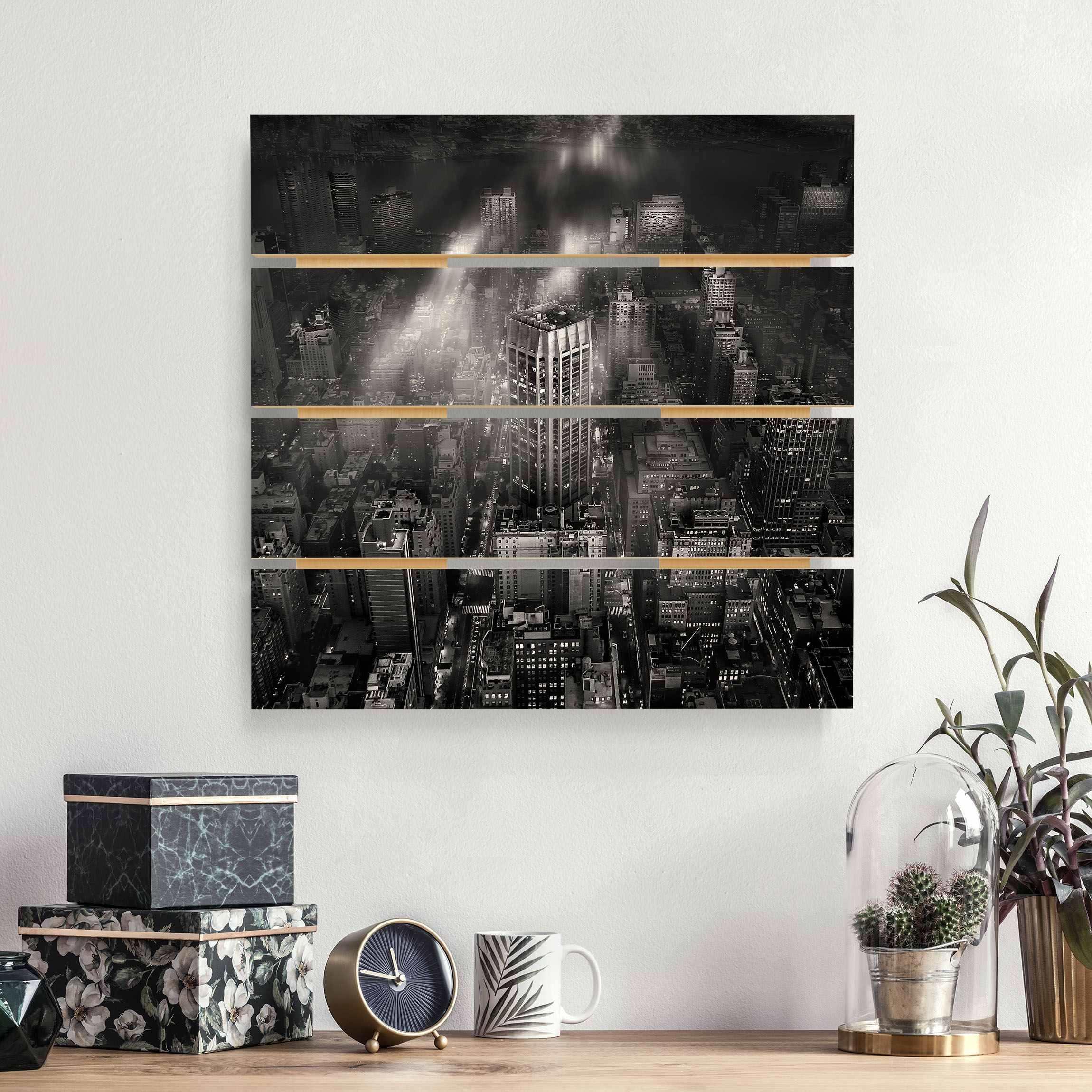 Holzbild Plankenoptik - Quadrat Sonnenlicht über New York City