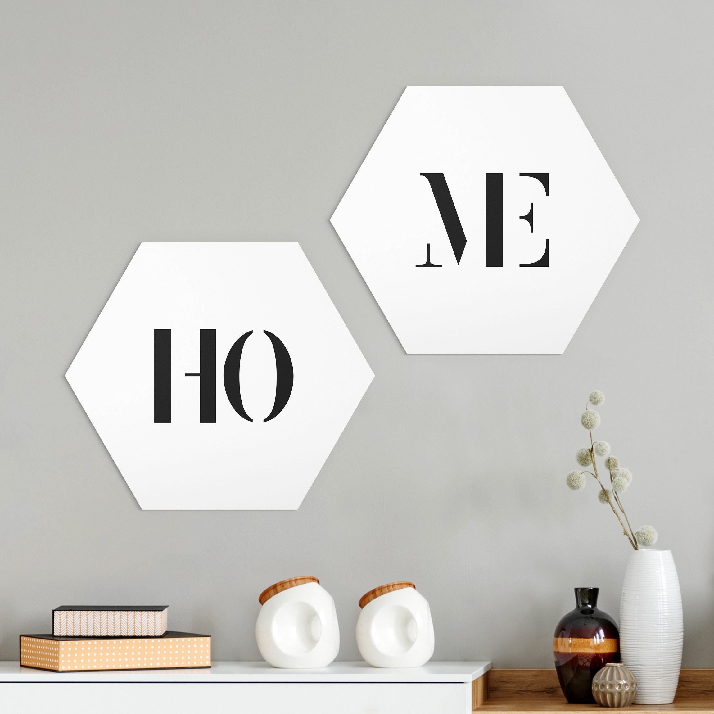 2-teiliges Hexagon-Alu-Dibond Bild Buchstaben HOME Schwarz Set I