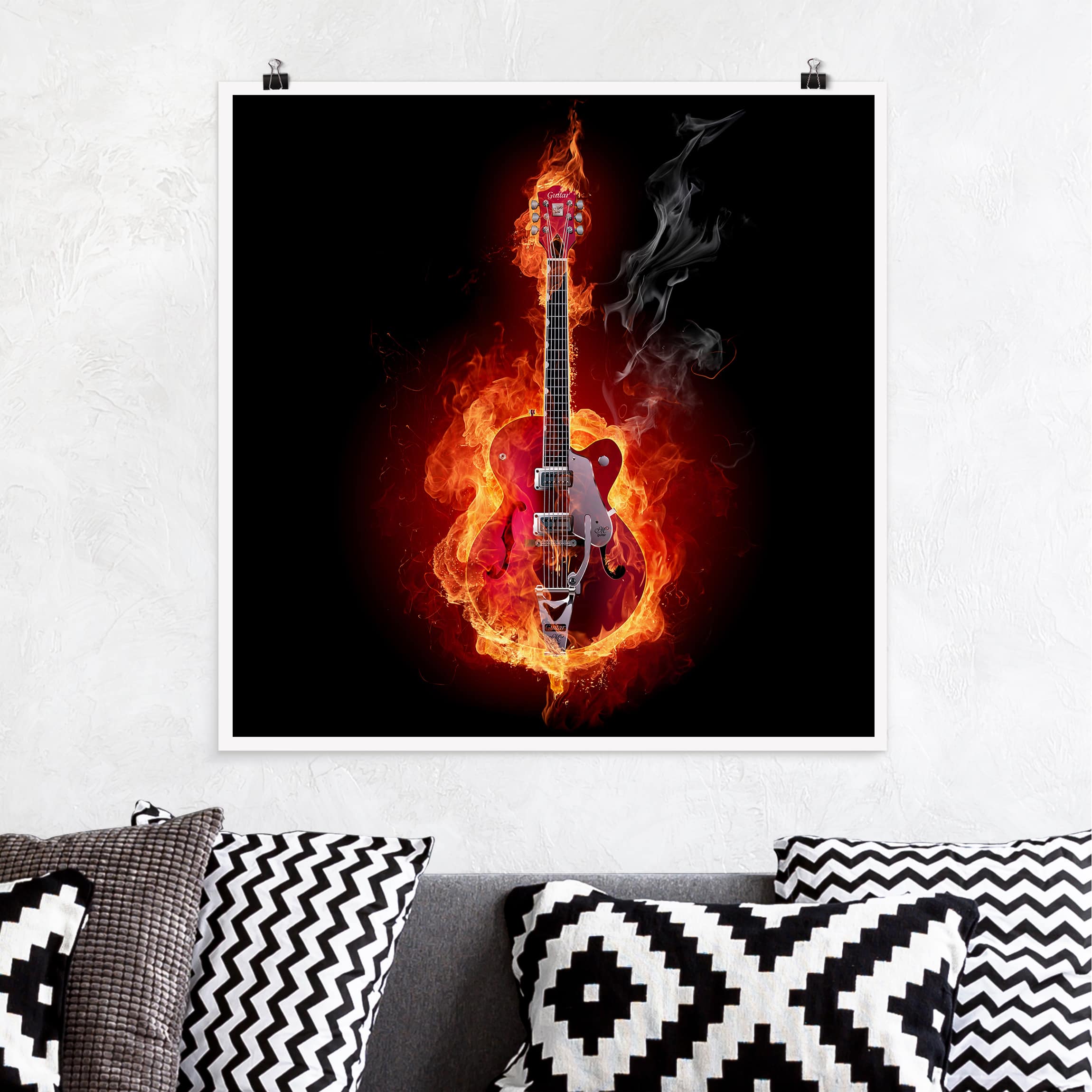 Poster - Quadrat Gitarre in Flammen