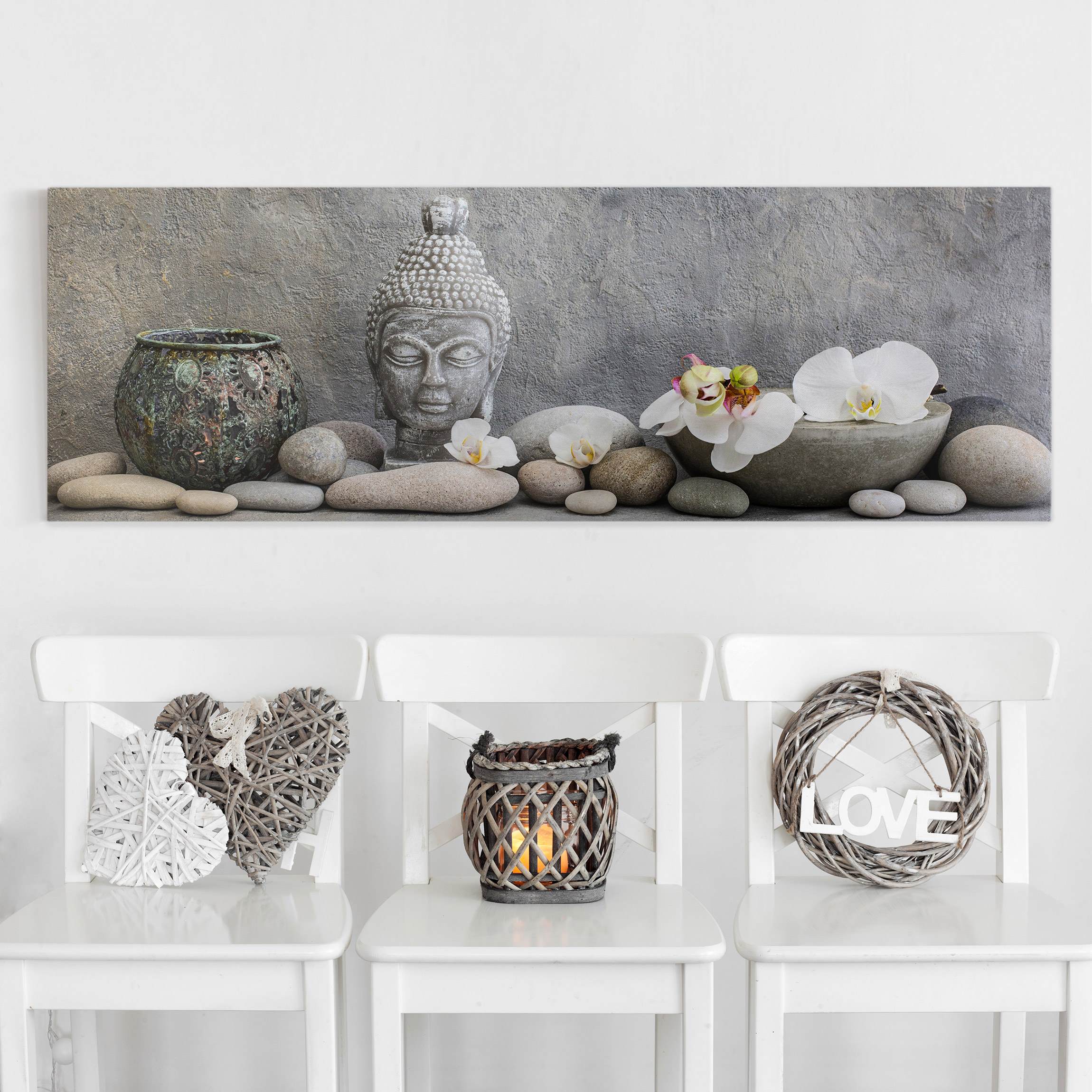 Leinwandbild Zen Buddha mit weißen Orchideen
