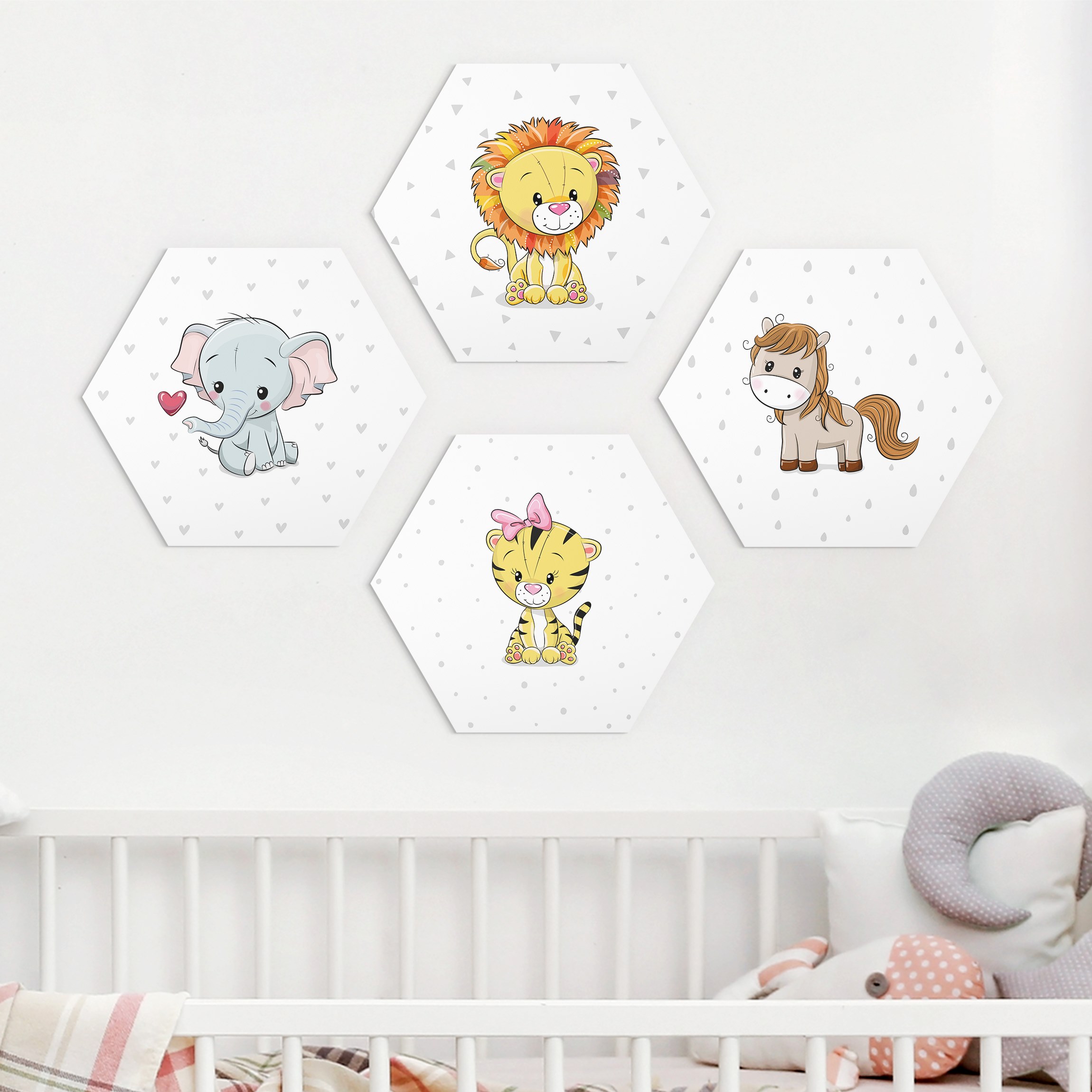 4-teiliges Hexagon-Alu-Dibond Bild Elefant Löwe Tiger Pferd