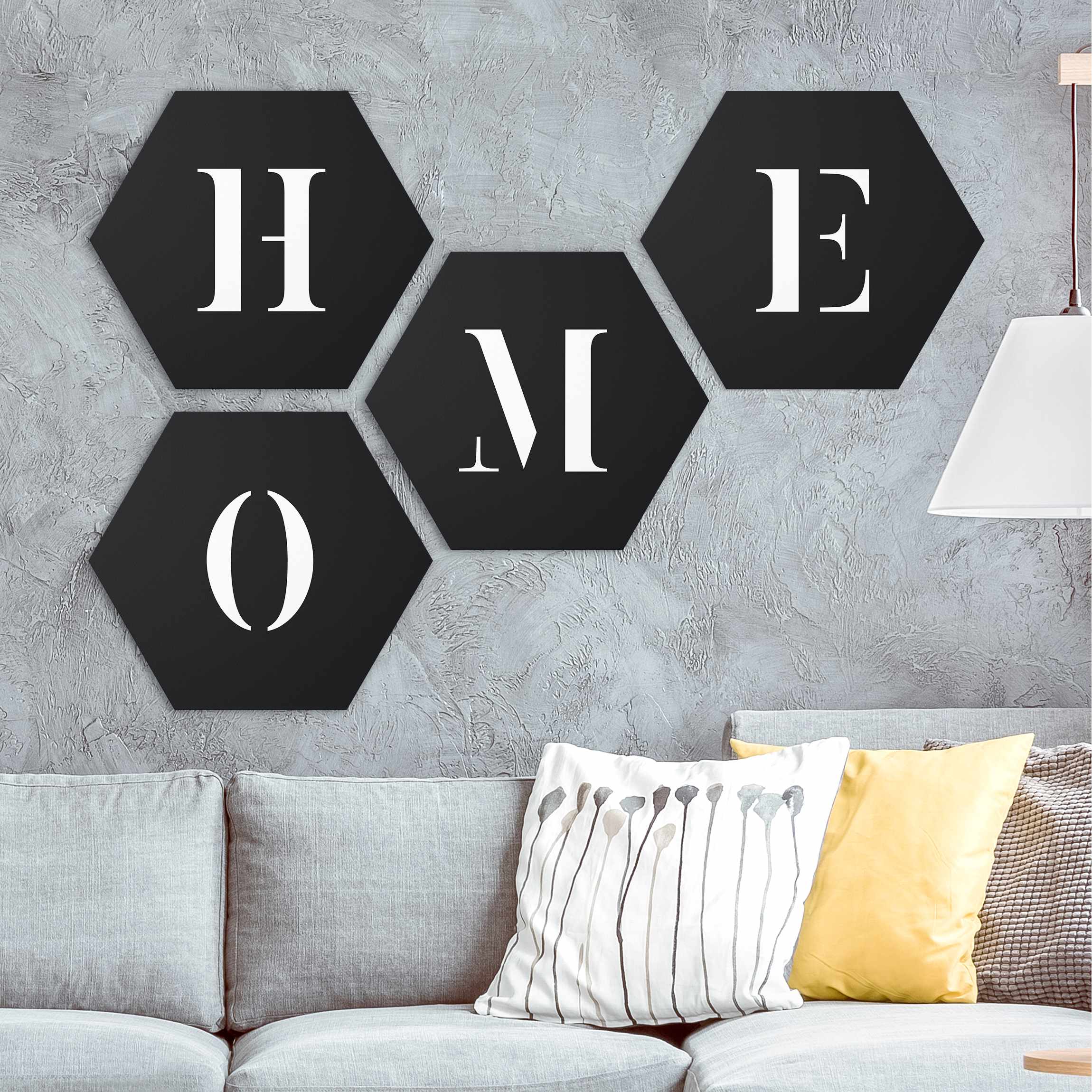 4-teiliges Hexagon-Alu-Dibond Bild Buchstaben HOME Weiß Set II