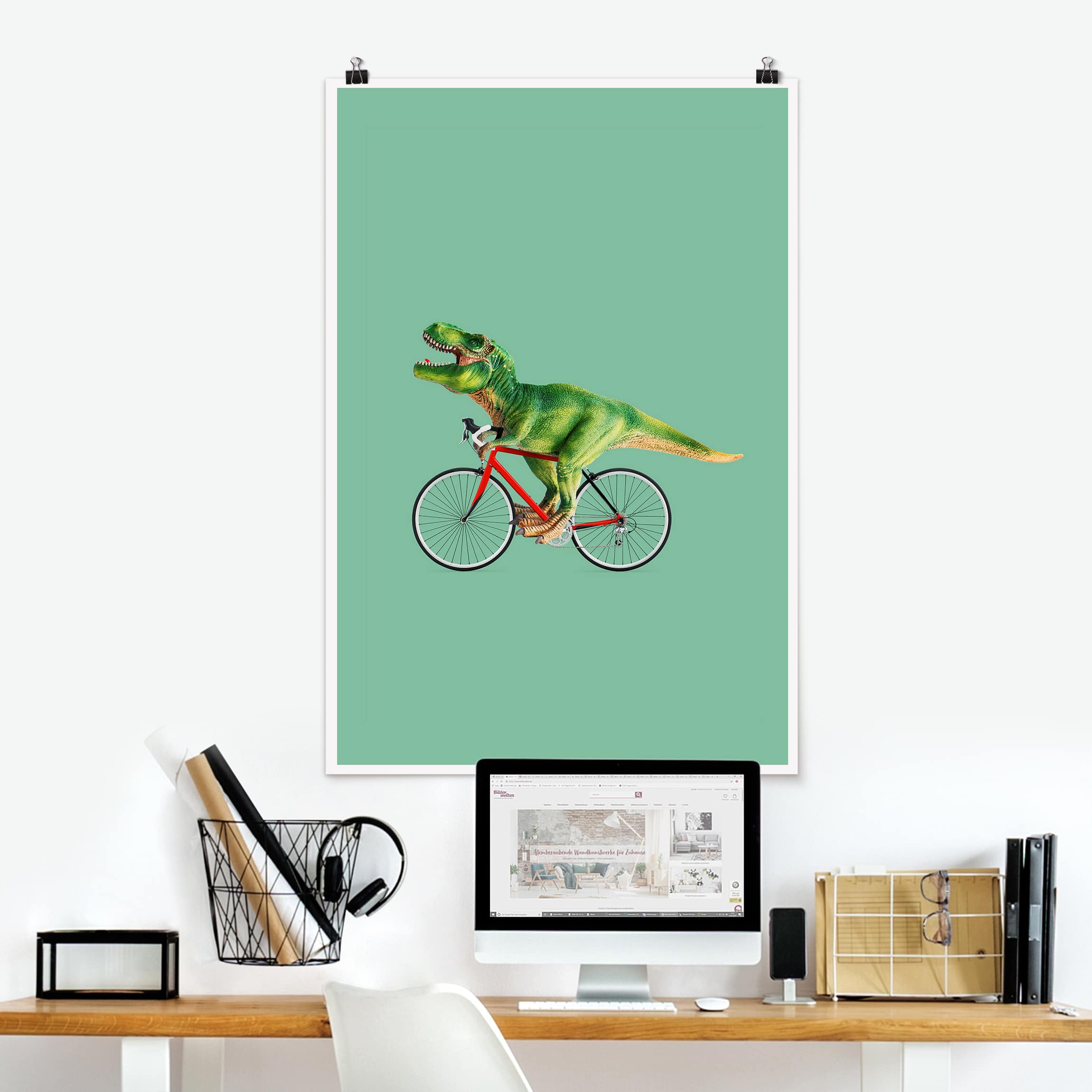 Poster - Hochformat Dinosaurier mit Fahrrad